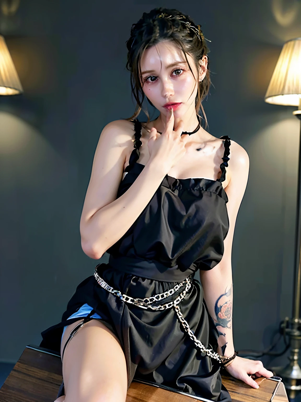 (41k4:0.6), (aika-sawaguchi:0.5), masterpiece, Best Quality, 8K, Raw photo, top-notch quality, masterpiece, (wearing white crop top:1.7), (wearing black pleated skirt:1.35), (wearing white socks:1.7), (exceptionally detailed RAW color photo, professional-grade photograph), (facing viewer:1.5), (bondage:1.4), (shackled:1.9), (tied with chains:1.7), (slave:1.5), (wearing slave collar:1.3), (looking at viewer:1.4), (Realistic, Photorealistic:1.37), (highly detailed skin:1.2), Ultra-high resolution, (lens 50mm), (masterpiece, top-quality:1.3), (hyper realistic:1.35), (Photorealistic:1.45), (Realistic:1.4), ((solo)), (1 pretty Japanese girl), 21 years old, Japanese idol, supermodel, pale skin, (slim:1.3), (slim body:1.25), (slender body:1.25), (narrow waist:1.35), pretty face, (large breasts:1.15), (deep cleavage:1.4)