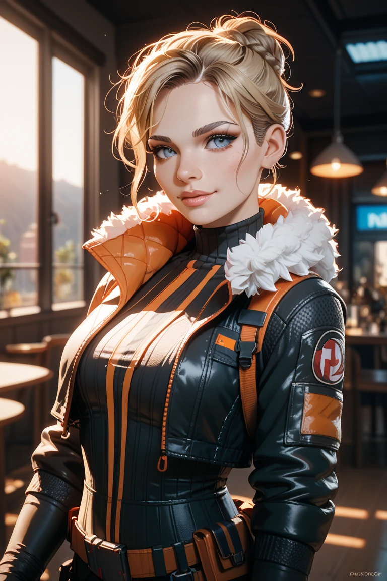 one girl, solo, abs, slender body, (upper body, bust:1.2), (black eyes:1.3), blonde hair, (bare shoulders:1.2), masterpiece, highly detailed, look at viewer, front view, (big breasts, huge breasts, giant breasts, exposed breasts, deep cleavage:1.5), (leather jacket, denim shorts, choker:1.4), (studio lights, blured background, glowing edges of image, shiny blured orange background, gradient sprayed background, colorful background:1.3), expressing joy, belt