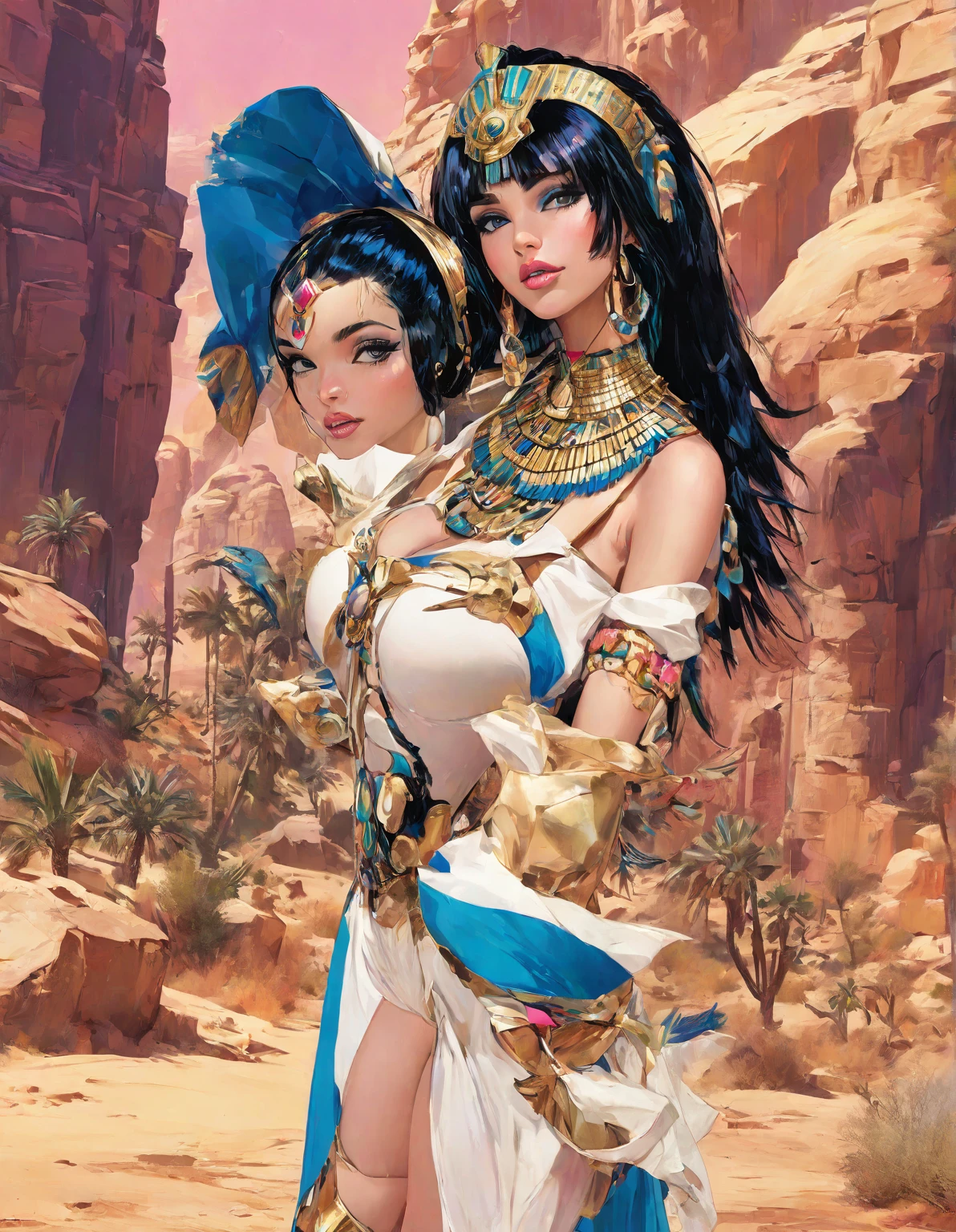 ́ ́ photorealistic image, a beautiful black woman, with green eyes, mouth of Angelina Jolie in a blue Egyptian silk dress. Ultra-detailed is the perfect image in maximum quality and offers a background landscape with blue sky, with depth of field with flower tulips.''
