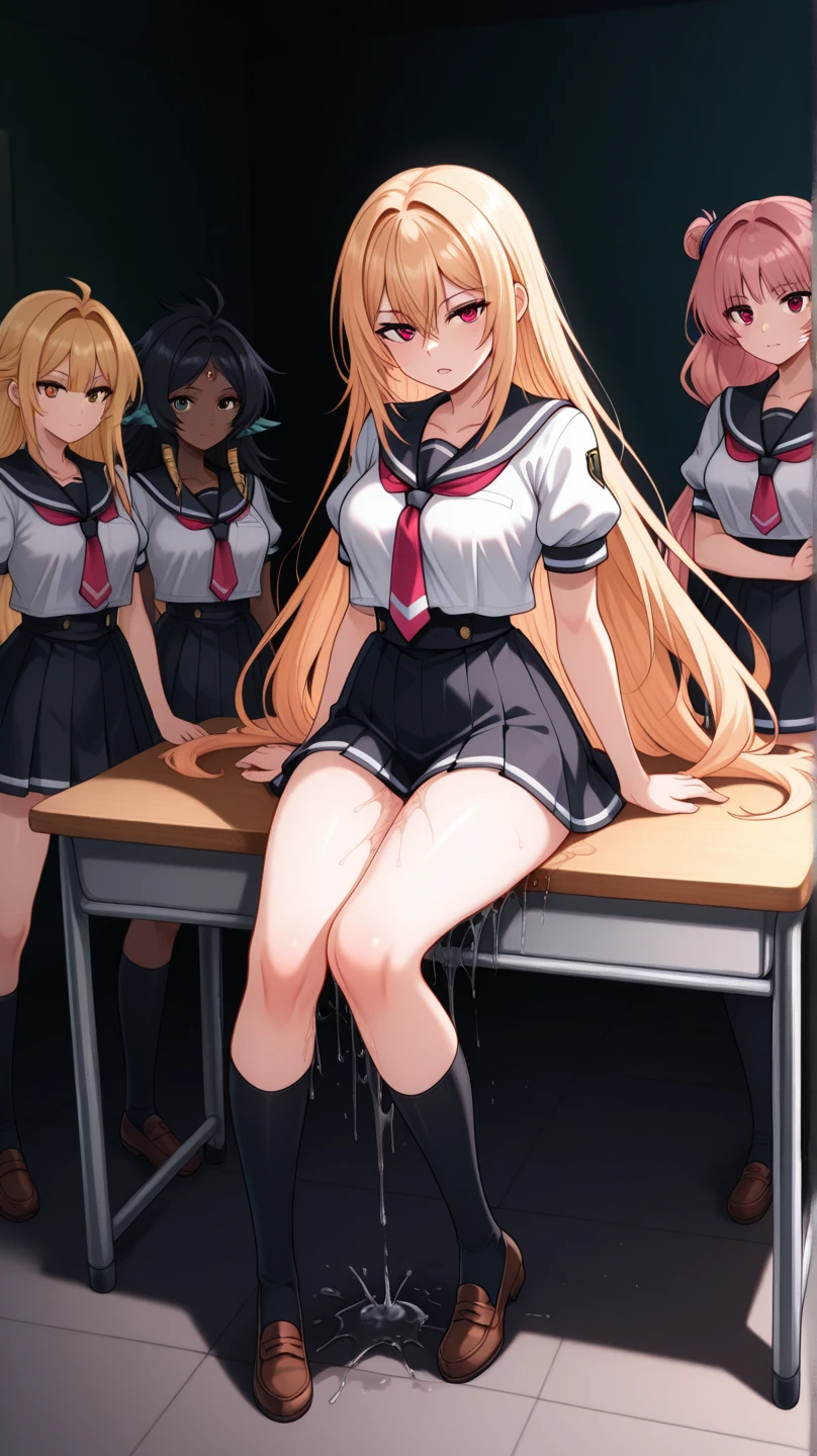 masutepiece,Best Quality,超A high resolution, 8K,Professional Lighting, Photon mapping, Teleportion, analogue, handdraw, Anime Face, NSFW, 3People Girls, Looking away、(seminude:1.5), School uniform:1.2,Locker Room:1.2, (flat chest:1.2)、panties on、Brajaless、stockings、Large audience