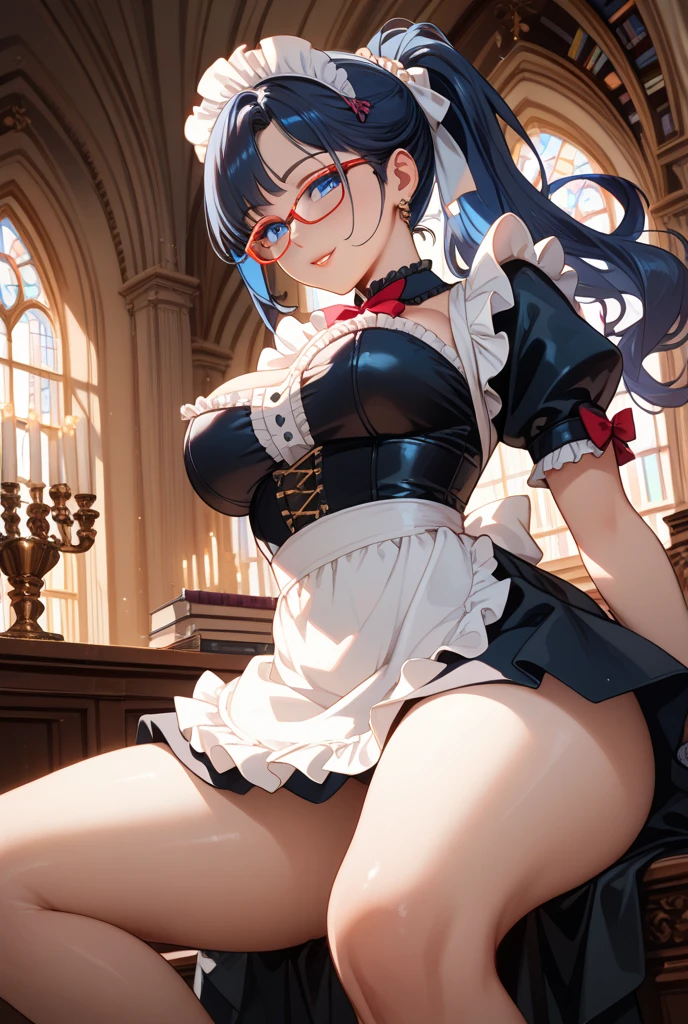 Extremely detailed artger, Qatar, Maid outfit, OPPEIN,Full breasts,Lift up your skirt,Glasses,Smile
