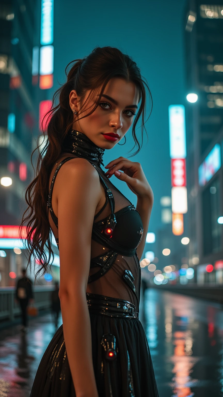 Full Face portrait photo oF 25 year old European girl, RAW, beautiful woman, semi-open strawberry lip, dimples, wistFul expression, (extra long wavy brown hair), ((big breasts)), ((detailed Face)), ((detailed Facial Features)), (Fine detailed skin), pale skin, ((cyberpunk megacity environment at night)), (color fresco), wet, wet, reFlection, (masterpiecePhotographed with Canon EOS R5 (detail) (realistic photos) (Detailed details) 50mm lens, F/2.8, HDR, (8k) (wallpaper) (cinematic lighting) (dramatic lighting) (sharp focus) (Complex), RAW photography, RAW photography, gigachad photography, camera pose, ((short black latex skirt)), rear arm, 8k uhd, DSLR, high quality, grain film, Fujifilm XT3, Stock photo of Kodak Portra 400 F1 4 film camera.6 lenses Rich colors Ultra-realistic textures Spectacular lighting Unreal Engine Art Station Trends Cinestill 800 Tungsten, tough boy style, ultra focused face, intimidating, smiling, combat position, short and messy hair, muscles, burst veins, rosario, (( oFF-shoulder crop top)), red glossy lipstick,facing the viewer, cameltoe, sitting with legs spread, longing gazing hungry sexy facial expression, arms behind back, hands not visible