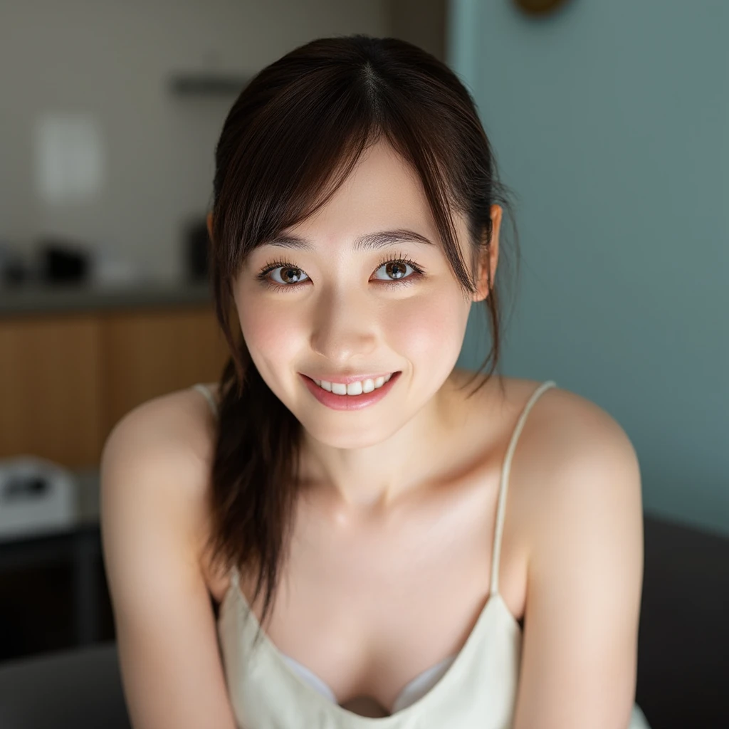 1 female,short bob hair,blonde,looking at the viewer,There's light in your eyes,A big smile,summer knit、cleavage,front view,to close range,cleavage emphasis,,sexy,Round Glasses