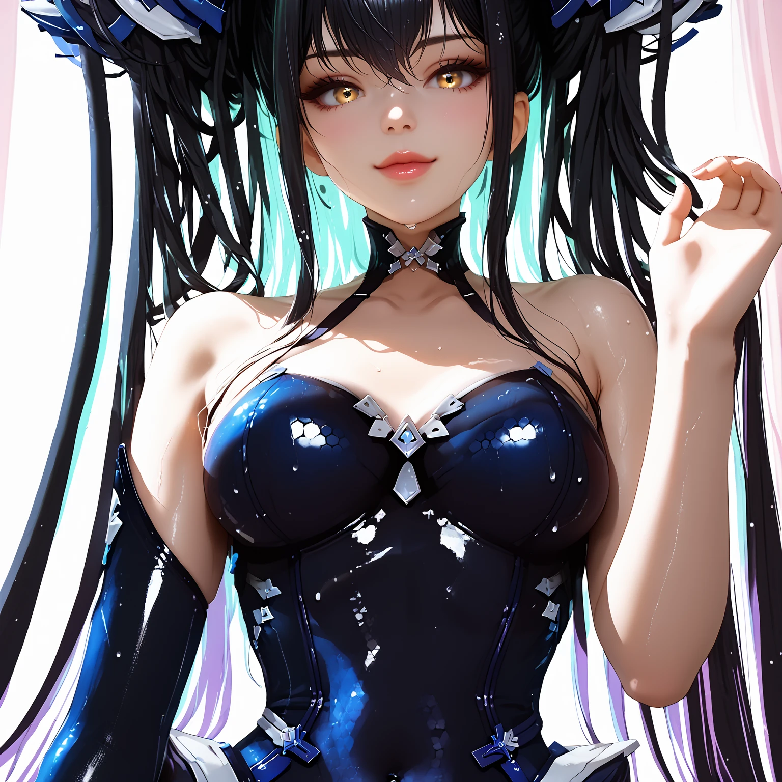((Create MaxZenArt!))_((One, 1 girl, tattoos, glowing tattoos, shiny, white-fluffy 13+), (skulls, flowers), (black transparent clothes-dress)), (sexy, erotic)) _((Delicate scarlet lips), (straight black hair - long, highlights, blue, cascading), (multi-colored shiny hair), (cool shine, wet straight hair))_((Stylization; clear line, clear outline, high-quality linear drawing, shading))_((Simple color palettes), (color fill, color richness, saturation, harmony, balance), (rich pastel colors, pure colors), (cyberpunk))_((Sexy, erotic), (simple, minimum accessories), (necklaces and thin rings made of silver or gold), (simple bracelets, unusual designs, simple silhouettes), (erotic style))_((Background),(abstract minimalism), (stunning cybernetic flowers), ( lilies, extremely unusual, long stems - large stems, skulls, flowers)).
