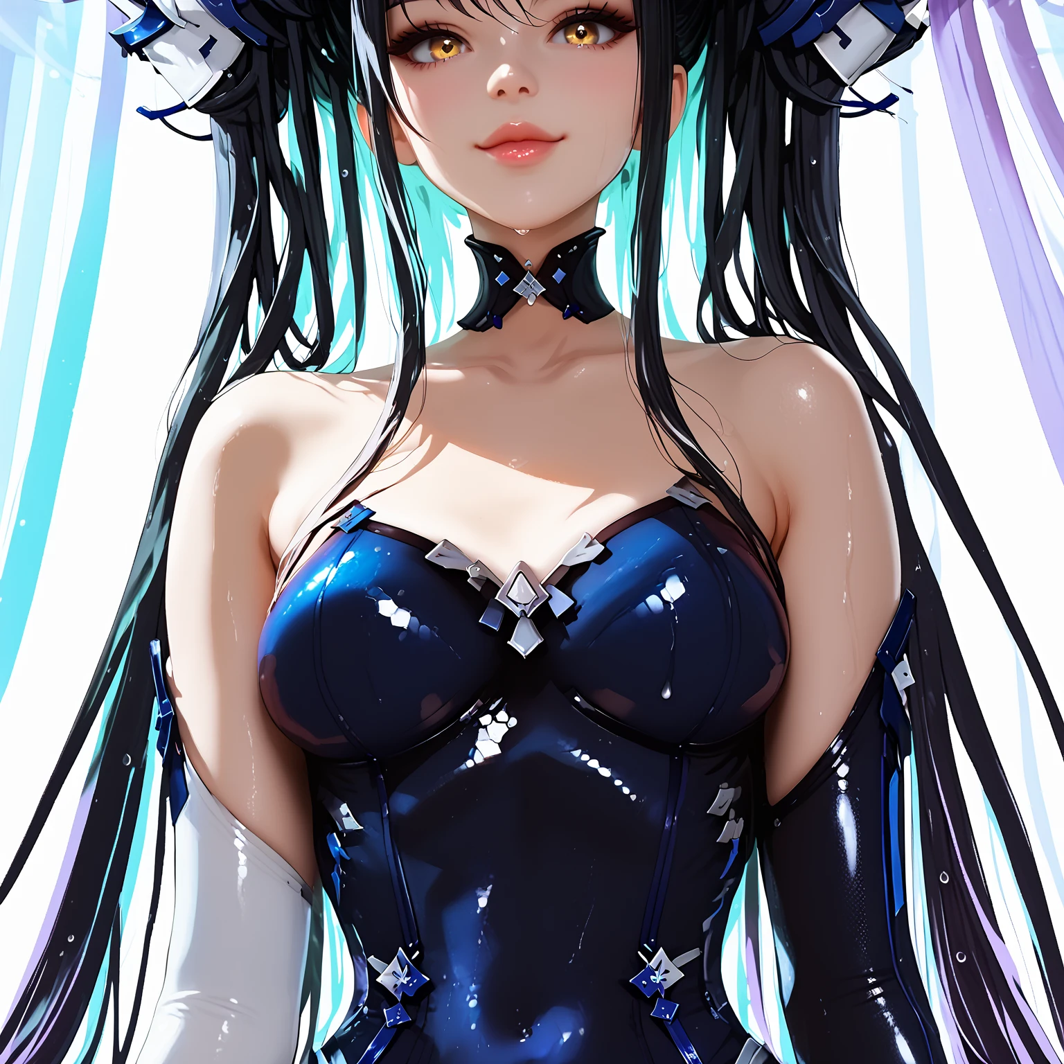 character design of a girl The character has a slim, agile build, average height around 5'5", light olive skin with a slight shimmer, long flowing hair with an ombre effect from dark roots to silvery white tips, large iridescent eyes that change color depending on the light with slightly elongated pupils, (nude:0.8) a fitted sleeveless bodysuit made of reflective holographic material, matching leggings, lightweight high-tech boots for silent movement, a high-tech utility belt, fingerless gloves, and a small iridescent cloak.
She has a faint shimmering aura resembling heat waves when using her power, creates visual and auditory echoes that are slightly translucent and shimmery, and visible sound waves emanate from her.
She is in a dynamic, natural-looking pose mid-action, one leg slightly bent, arms poised, with a confident facial expression featuring a mischievous smirk and focused eyes, and an excited expression with wide sparkling eyes and a broad smile or shout.
The background is a futuristic cityscape at dusk with tall buildings and neon lights, slightly blurred, with echoes of herself and other objects scattered around. The color palette includes iridescent blues, purples, silvers, subtle hints of black and white, and dark blues and purples with neon accents in the background., detailed gorgeous face| anime style| key visual| intricate detail| highly detailed| breathtaking| vibrant| panoramic| cinematic| Carne Griffiths| Conrad Roset| gibbli 8k