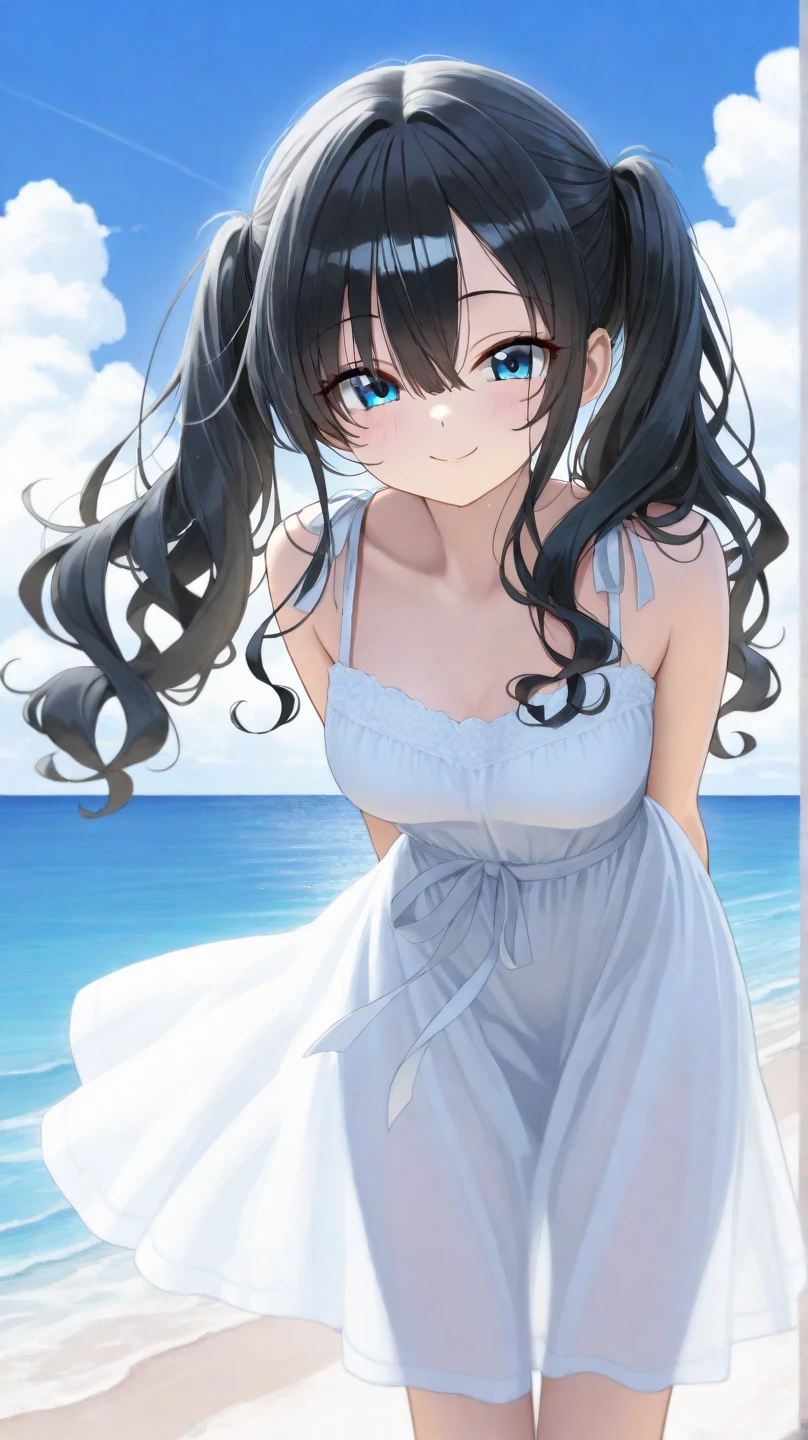 Location in Japan, Anime 1 girl, Brown hair, Eye color at the top is blue to the bottom is slightly purple, Cute face, Slim body, firm breasts, Slightly messy hair, smooth white skin like Mutia, The sun has set, on the beach, looking at the beach view, wearing a summer dress, Happy smiling, masterpiece, 8k.