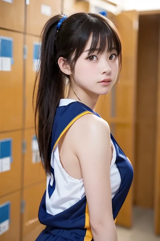masutepiece, Best Quality, 8K, 10yaers old, Teen, Raw photo, absurderes, award winning portrait, Smile, Solo, Idol face, Delicate girl, Upper body, Digital SLR, Looking at Viewer, Candid, Sophisticated, Thin arms, Professional Lighting, Film grain, chromatic abberation, (Eyes and faces with detailed:1.0), (Bokeh:1.1) , Distant perspective , bed , laying on back , Perspective from above , closes mouth , Soccer Uniforms , A dark-haired , dishevled hair, tiny chest , Dressing