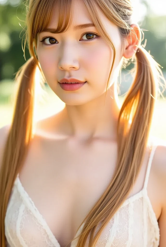 (masterpiece),(best quality:1.0), (ultra highres:1.0), 8k, highly detailed, semi realistic, 13 year old girl, children's pigtails hair, orange hair, straight hair, red lipstick, without clothes, marked nipples, visible areola, pubic hair, happy expression, playground background, surrounded of people