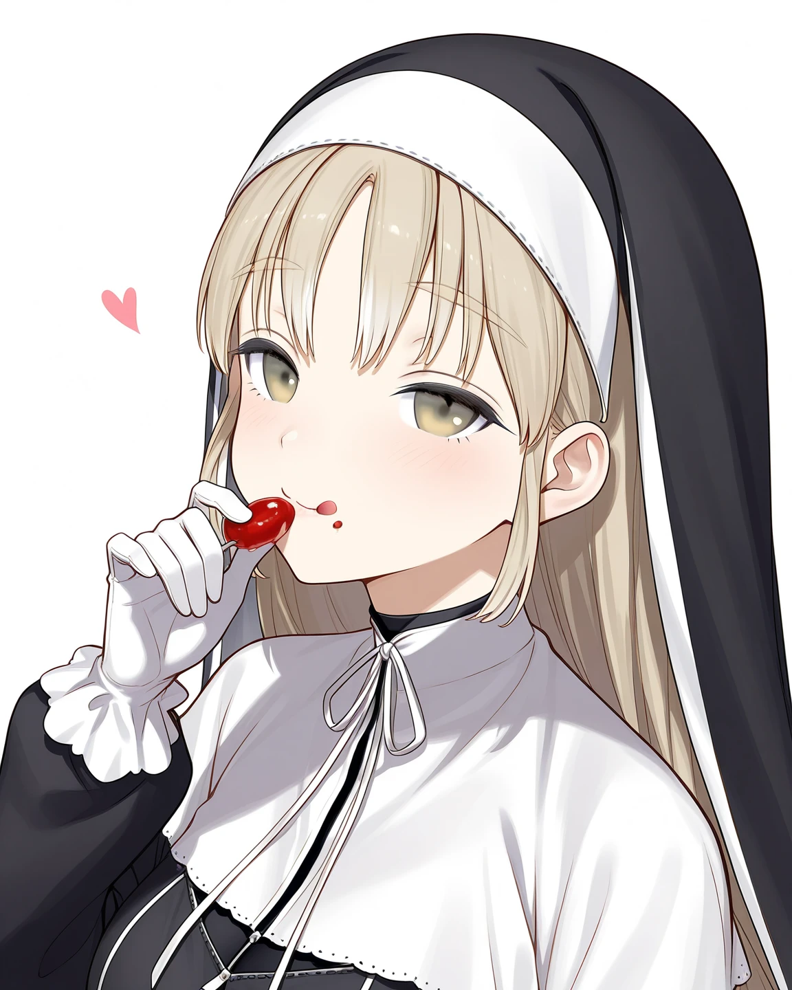 aasister, long hair, nun, habit, white capelet, neck ribbon, (black dress:1.2), long sleeves, white gloves, full-length zipper,huge breasts,full body,(handjob:1.5),(((spoken heart))),grin