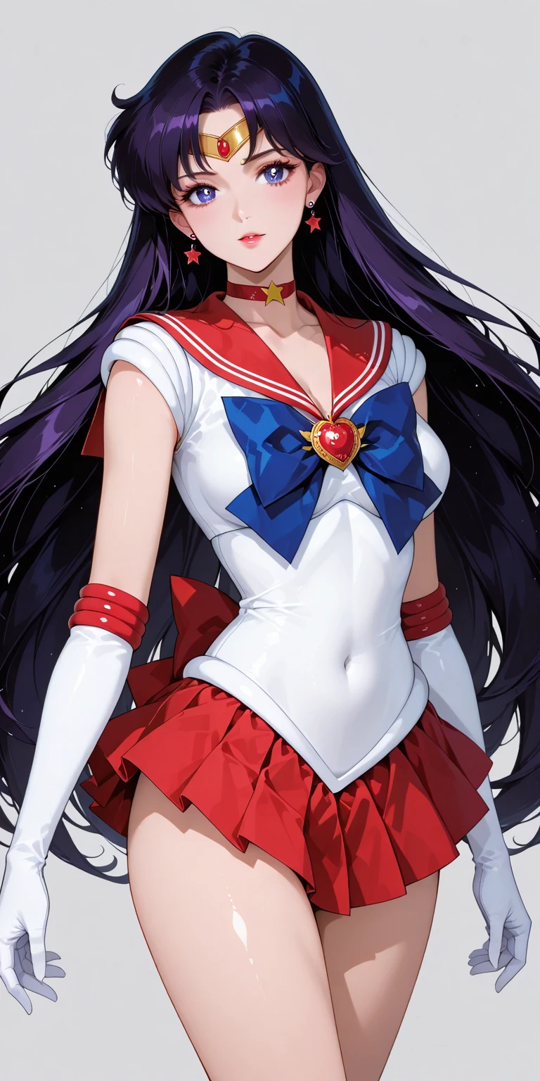 (Masterpiece), Best Quality, ultra-detailed, 1girl (SMMars, Slender and sexy body, lovely breasts, dark skin, purple hair, long hair, red eyes, half-closed eyes), evil face, wicked smile, parted lips, solo, sailor senshi uniform(black), red sailor collar, red skirt(ultra mini skirt), elbow gloves, full moon, outdoor,  fog,  standing,  Sexy waist teasing 