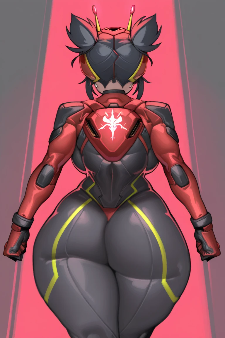 <lora:HaloSpartansV1-000050:1>,  FemaleSpartan, 1girl, ass, helmet_removed, no_helmet, solo, full_body, standing, from_behind, breasts, looking_back,illustration, blue_hair, red_eyes,  novel illustration, 2d