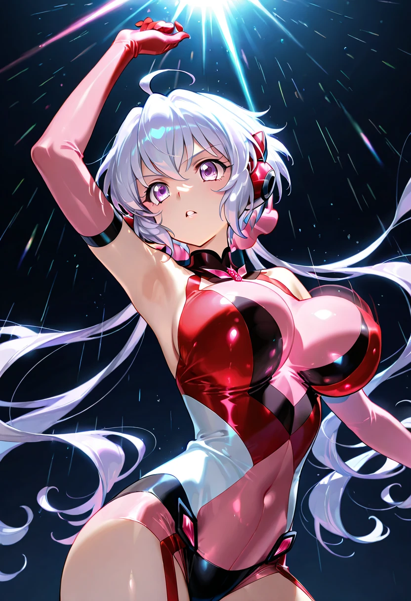 1 adult female、Neon feeling、neon laser、looking at the camera、I don't have anything、larger breasts、cleavage、Red dress