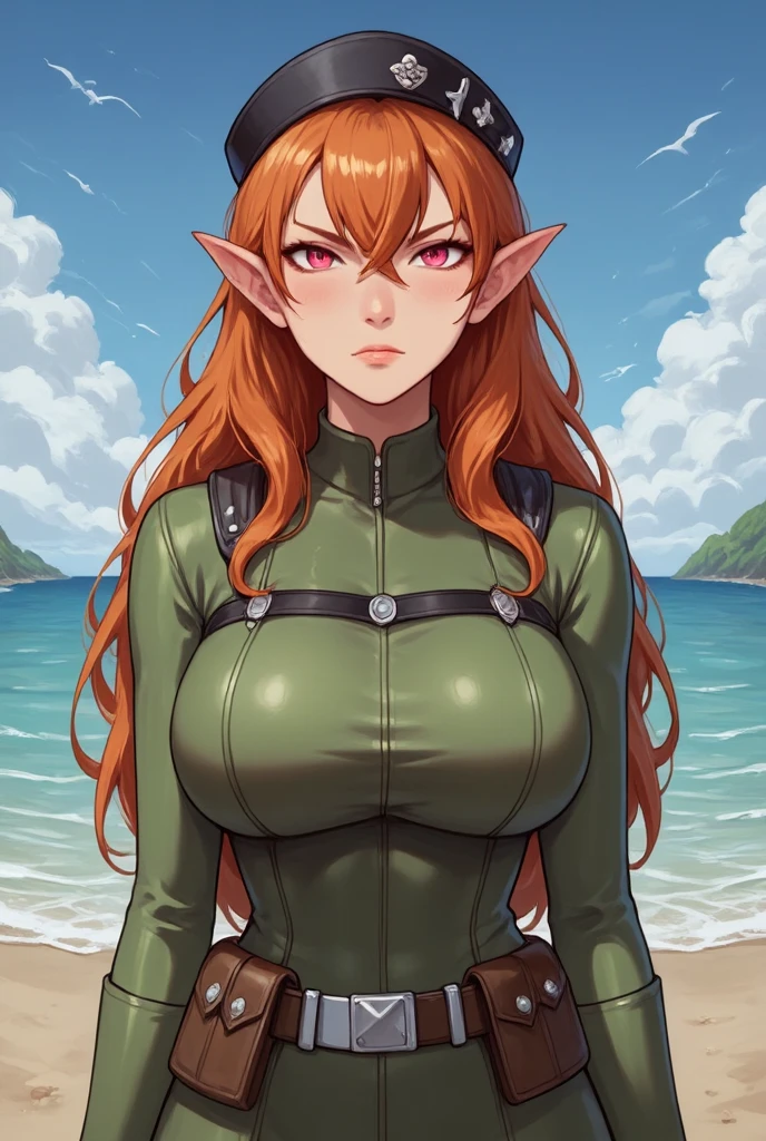 masterpiece, high quality, extremely detailed, 1girl, mature female, solo, bazelgeuse, dark-skinned female, gigantic breasts, orange hair, very long hair, orange eyes, parted lips, curvy, pointy ears, dragon horns, dragon tail, latex bikesuit, cross-laced, skin tight, shiny, skindentation, navel, scarf, latex gloves, light smile, sitting on the bench, garden, evening