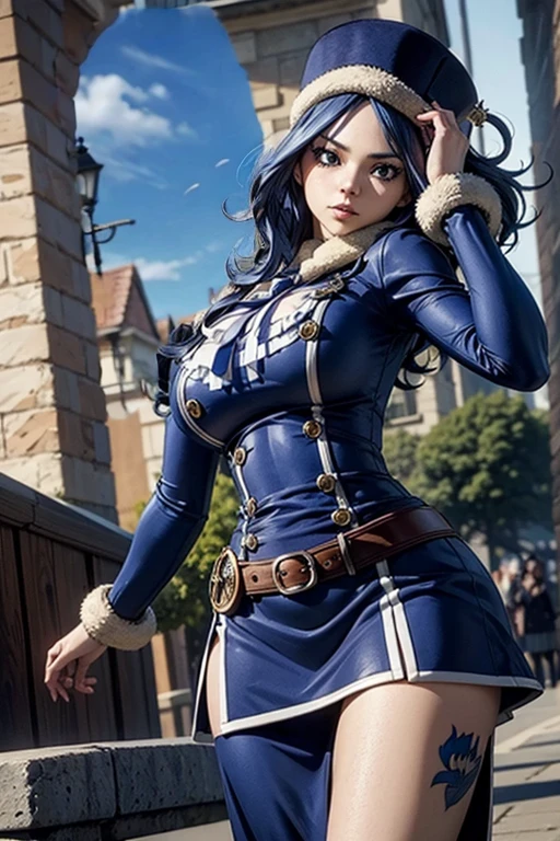 (masterpiece, best quality, ultra detailed, absurdres)1.5, 1girl, (sexy, beautiful woman, perfect face, perfect eyes, perfect female body, huge breasts)1.5, (juvia lockser, aajuvia, long hair, blue headwear, fur-trimmed headwear, green bow, jacket, long sleeves, blue skirt, side slit, thighhighs, ), (standing, medieval city, coastal city), perfect lighting, smooth, hdr