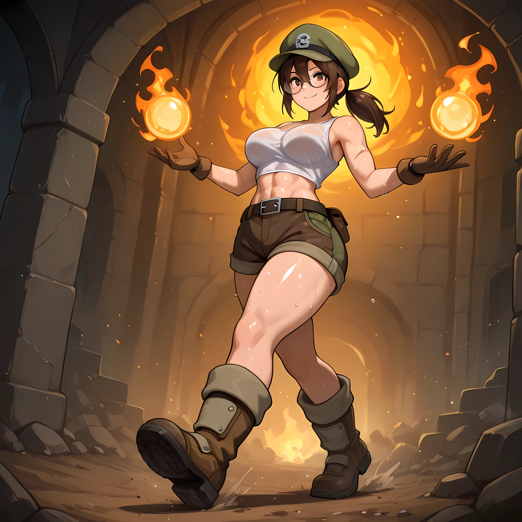 ((woman holding a bloodstained revolver, fire energies emanating from the body, fire spheres coming out of the hands, fire circling the ground, front angle, perfectly detailed eyes, better sharpness, better contrast, better shading, better image quality, scene rich in detail, anime-style abandoned battlefield, near trenches, shooting at a Metal Slug style war tank, women walking, scenery bathed in twilight):1.0), ((Yareruko! Densha hentai style, Katainaka by Totsui from Kita Russia Musume to H Shimakuru Ohanashi body style, Rune Adventure ass style):1.2), {Fio Germini}:(1women, wearing round lens glasses, dark brown shorts hugging her thighs, white tank top hugging her medium-sized breasts, army cap tilted forward on her head, bangs, brown hair tied in a ponytail, brown eyes, freckles, army boots, scars on her arms, obvious bruises, smooth skin, determined look, confident smile, dirt-stained clothes, brown gloves accentuating her fingers, slim waist, toned body), ((1women, sweaty body, sweaty clothes, sweat mist, shiny skin, skirt fabric very tight on the butt):1.0)
