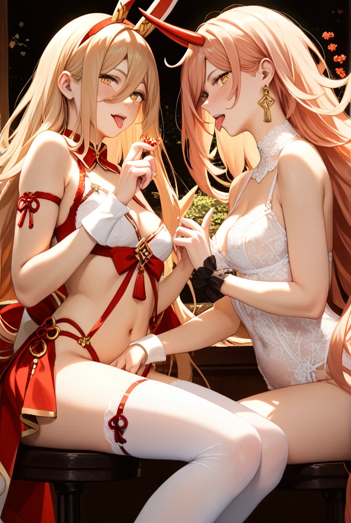 ((best quality)), ((masterpiece)), (detailed), perfect face, Two Women Tied Together, Bound To Chair, Shibari, Blush, Shy Expression, Blindfold, Nude, Dildo, Kissing, Black Ropes, Long BLonde Hair, Sweaty, Wet Body, Blindfold, Arms Bound Behind back, Big Tits, Nipple Rings, Pussy Pearcing, Legs Spread, Hand between Legs, touching, Moaning, Shibari, BDSM, Bondage, Woods in Background, Touching Pussy,