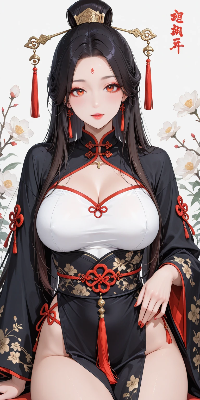 A black-haired woman resembling a Japanese miko holding a sacred talisman. She is adorned in a beautifully decorated and elaborate traditional outfit. The background features a mystical natural setting with lush forests, flowing streams, and magical elements, creating a vibrant and enchanting atmosphere.