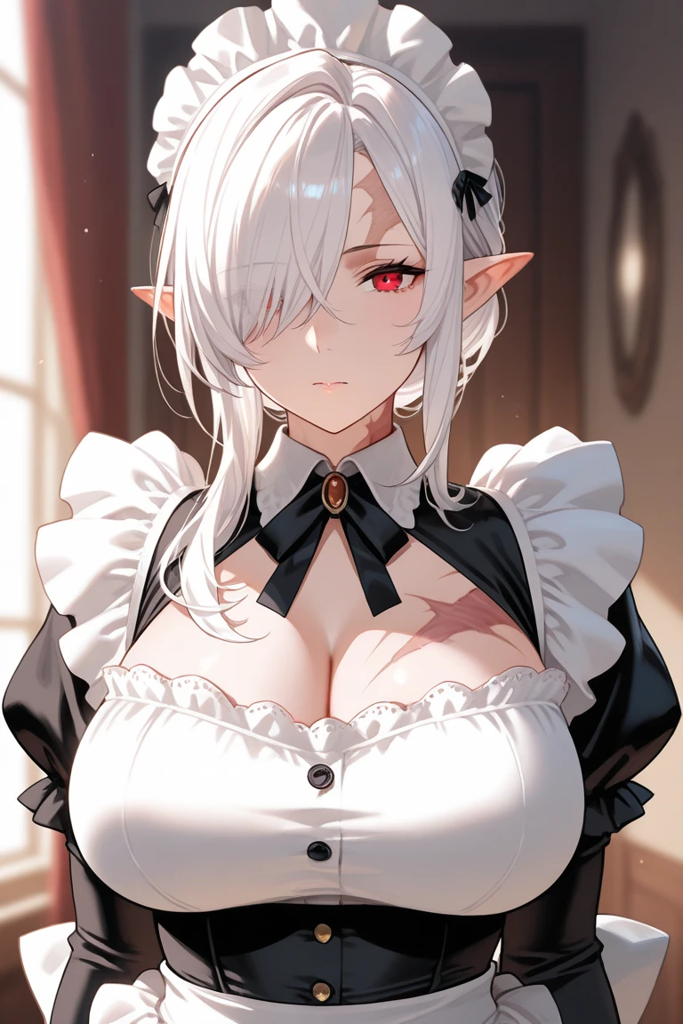 drow, female, pointy ears, solo, elf, colored skin, looking at viewer, ((victorian maid dress)), ((short hair)), dark elf, breasts, white hair, ((((huge breasts)))), ((((dark grey skin), showed chest, ((black stockings)), spread legs, ((holding dress, showing pussy)), fucked thousand times, tired, scared, rolling eyes, crying, opened mouth, tongue out, cum overflow, covered in cum, cum in mouth, kidnapped))), ((red eyes, glowing eyes,)) lips, (best quality)), ahegao, drooling, saliva, blush, shows chest, masterpiece, best quality, highly detailed, (8k), (4k), HDR, beautiful detailed girl, beautiful detailed face, beautiful detailed eyes, masterpiece, perfect skin, shiny skin, perfect hands