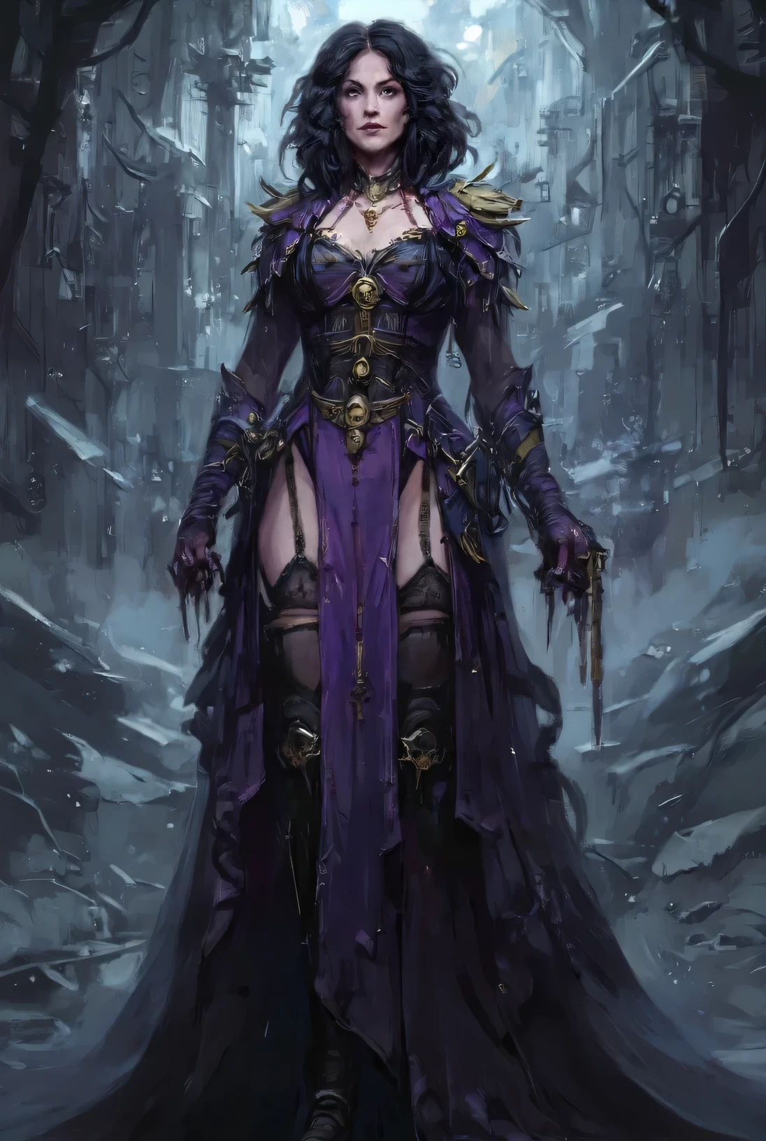 enhance sensual details, emphasize voluptuous curves, adjust dress to be more sheer and provocative but elegant, sharpen facial features, intensify soft psychic fire in the eyes, keep aquila pendant clear and prominent, improve lace lingerie detail, maintain dark gothic sci-fi style, loyal to the Emperor, grimdark atmosphere, high detail, oil painting texture