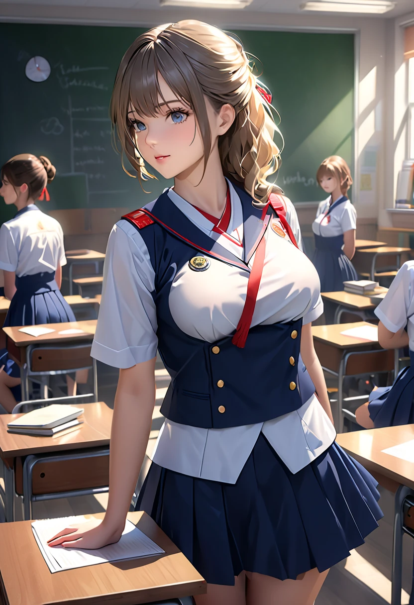 (8k,Photorealistic, masutepiece, Best Quality, Raw photo:1.3)、1girl in, 18years old,Solo,school girl, Long hair, Brown hair, Detailed beautiful face, alluring face, (Detailed beautiful brown eyes:1.2), medium breasts,(underboob:1.3),(coverd nipples:1.1),(loos sailer uniform :1.35), ( Perfect body skinny beauty: 1.4),( temptation Pose:1.3), (Looking at Viewer, front view,eyes focus:1.2), Detailed background, (sunset:1.2), classroom,fine detailed, intricate detailes, Ray tracing, depth of fields, seductive smile,classroom,