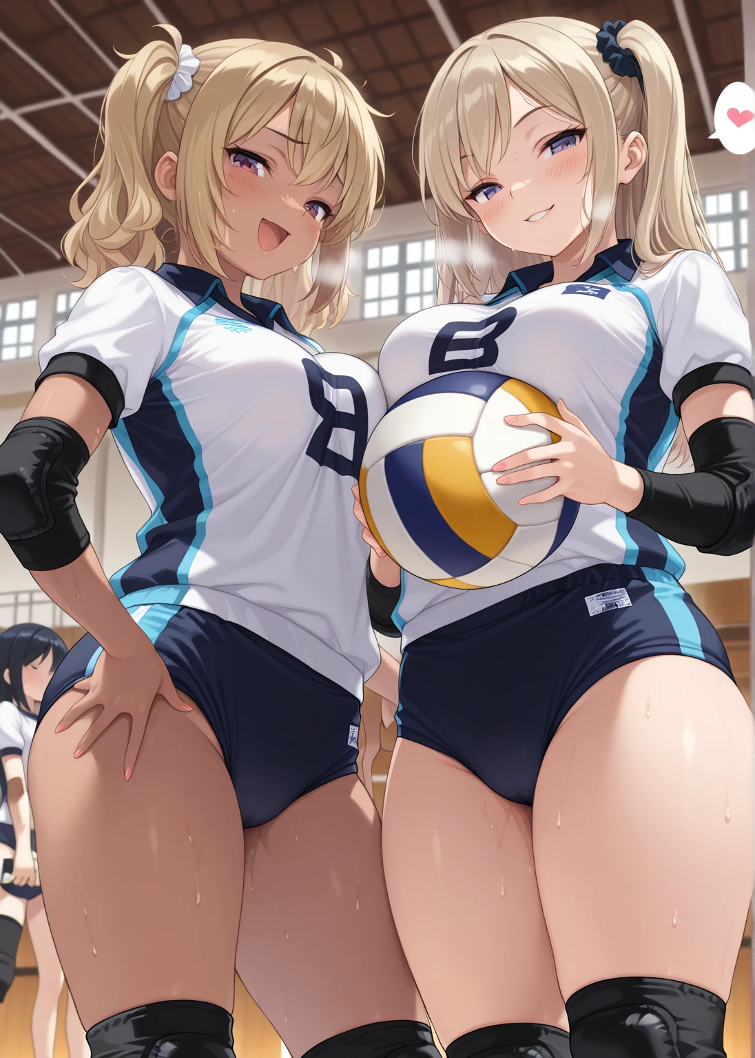 unity 8k wallpaper, anatomically correct, (((masterpiece))), (((best quality))), (((ultra detailed))), (((high-resolution))), ((super fine illustration)), ((Ultimate cutie)), ((detailed beautiful face)), perfect hands, perfect finger, (((good anatomy))), BREAK, multiple girls, lovingly gaze, harem, group picture, 17 years old, (potbelly), (Curve), medium breasts, ((thick thighs)), Shiny hair, (((coquettish smile))), (((blush))), BREAK, Adidas, Sleeveless collared Volleyball Uniforms, ((wristbands)), BREAK, (Hold the beautiful spherical 6-inch volleyball), ((Sweat)), (perspired), (Heavy breathing), in gymnasium, in volleyball court, depth of field, strong light, cowboy shot,,