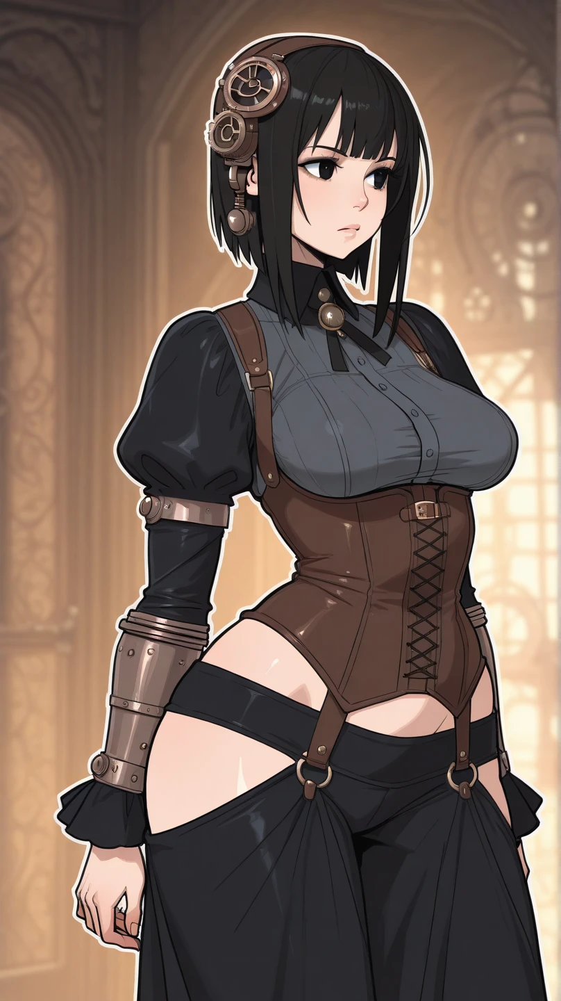 Game Art design, Octopath Traveler 2, 1girl, throne anguis, (solo:1.4), 1girl, black hair, medium breasts, cleavage, collarbone, corset, dagger, high heel boots, holding dagger, jewelry, knee boots, necklace, poncho short hair, side slit, dynamic pose, extremely detailed face and eyes, absurdes, shady back alley background