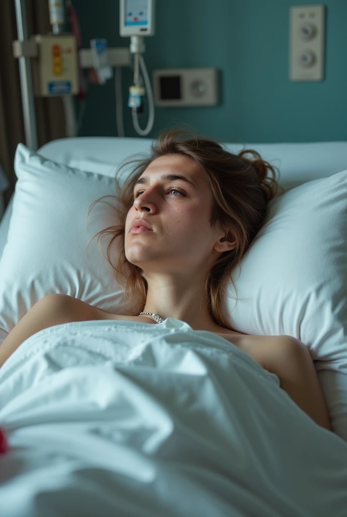 Girl in hospital bed with sad face It's daytime and looking out the window