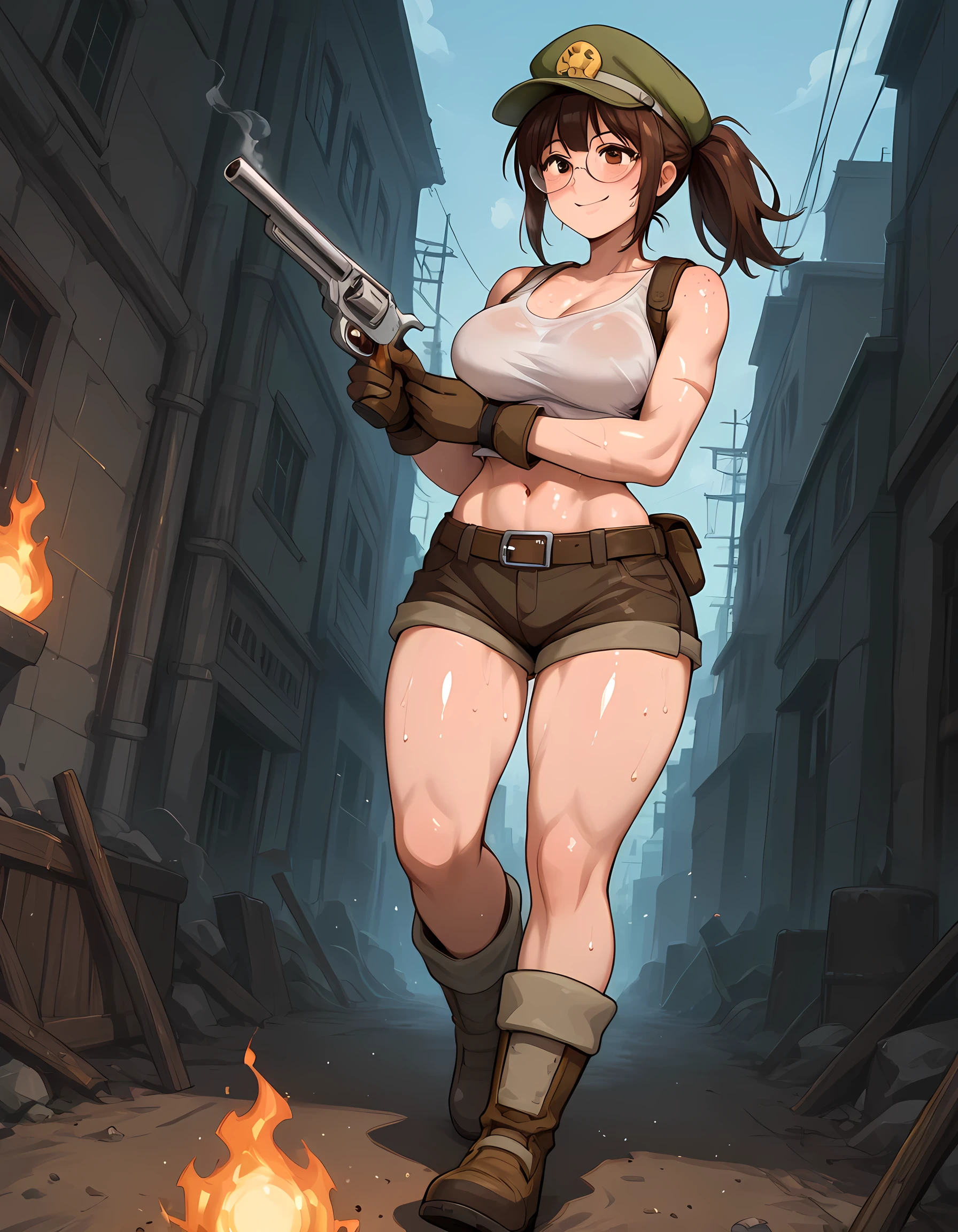 ((woman holding a bloodstained revolver, fire energies emanating from the body, fire spheres coming out of the hands, fire circling the ground, front angle, perfectly detailed eyes, better sharpness, better contrast, better shading, better image quality, scene rich in detail, anime-style abandoned city, near trenches, shooting at a Metal Slug style war tank, women walking, scenery bathed in twilight):1.0), ((Yareruko! Densha hentai style, Katainaka by Totsui from Kita Russia Musume to H Shimakuru Ohanashi body style, Rune Adventure ass style):1.2), {Fio Germini}:(1women, wearing round lens glasses, dark brown shorts hugging her thighs, white tank top hugging her medium-sized breasts, army cap tilted forward on her head, bangs, brown hair tied in a ponytail, brown eyes, freckles, army boots, scars on her arms, obvious bruises, smooth skin, determined look, confident smile, dirt-stained clothes, brown gloves accentuating her fingers, slim waist, toned body), ((1women, sweaty body, sweaty clothes, sweat mist, shiny skin, skirt fabric very tight on the butt):1.0)