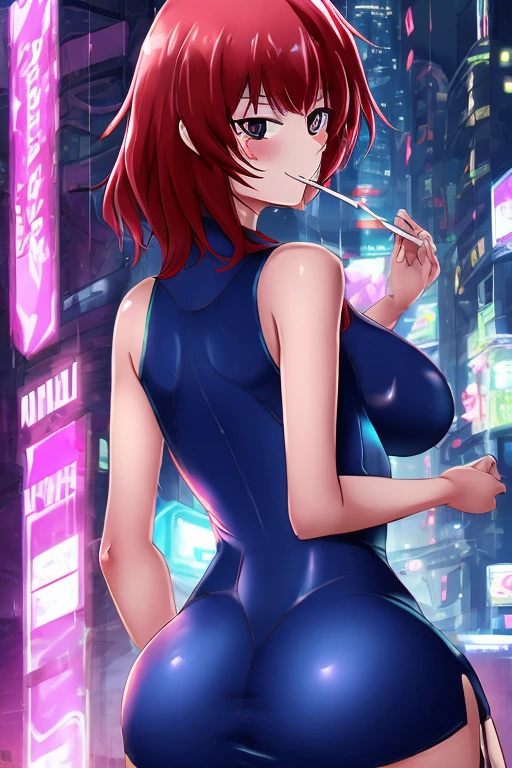 (NSFW), Misae Nohara, full body, thick thighs, hourglass figure, half naked, Looking at the viewer with seductive eyes, Misae Nohara, exposed breasts, 1girl, solo, ((32 years old, wearing a blue sequin dress, long eyelashes, looking at the viewer, sci-fi, digital art, futuristic coloring, vibrant lighting, (Background: Indoors, night club, bar, neon lights, futuristic, Sci-Fi, cyberpunk theme, futuristic technology in the background), brown black hair, hard nipples, exposed vagina, best quality, highres, bbyorf, gold earrings, large breasts, jewelry, off shoulder, red transparent sweater, sweater transparent dress, long sleeves, no panties, outdoors,