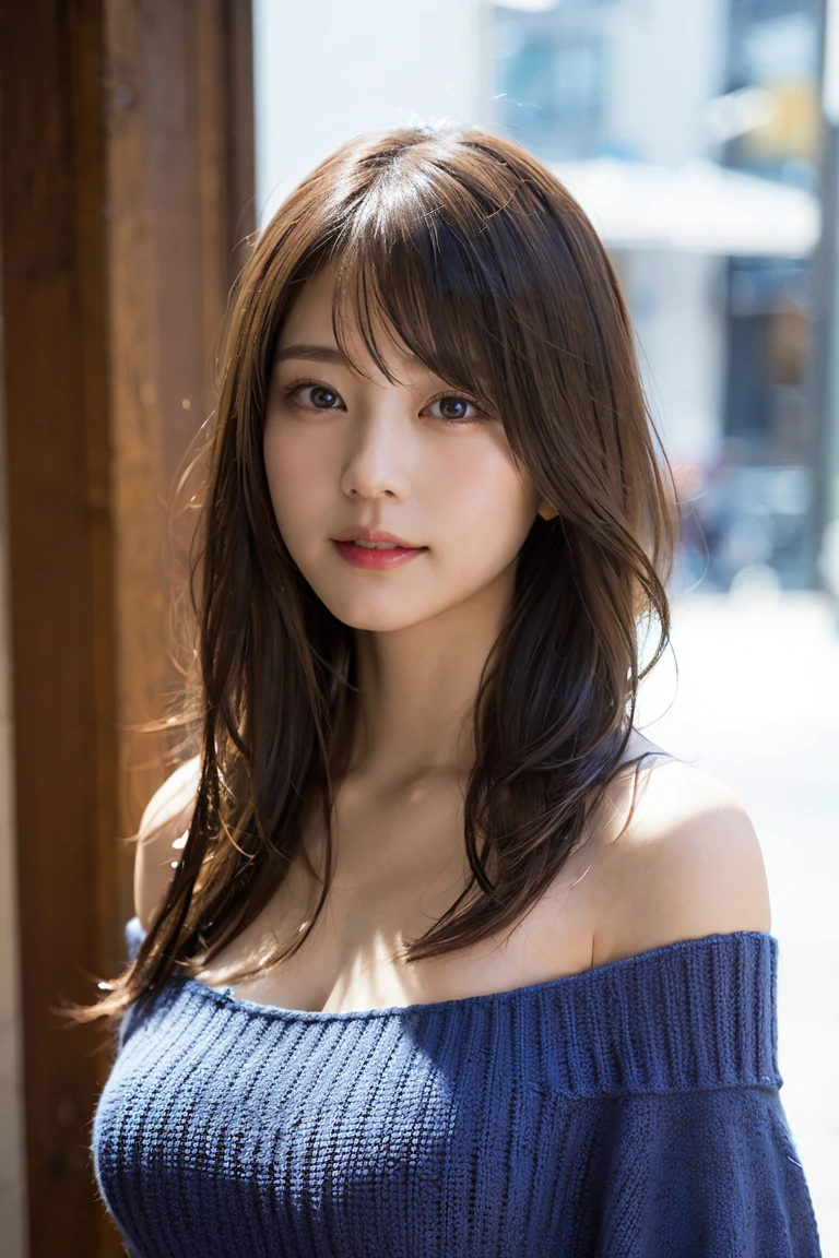 (8K、Raw photo、highest quality、masterpiece:1.2)、(realistic、Photoreal:1.37)、super detailed、Super high resolution、1 girl、see the beholder、beautiful and detailed face、laughter、narrow、(slim waist) :1.3)、shortcut、Beautiful and smooth skin、Beautifully shaped huge breasts、skin texture、floating hair、professional lighting、human body as a whole、brown hair、whole body、Off-shoulder knit dresses