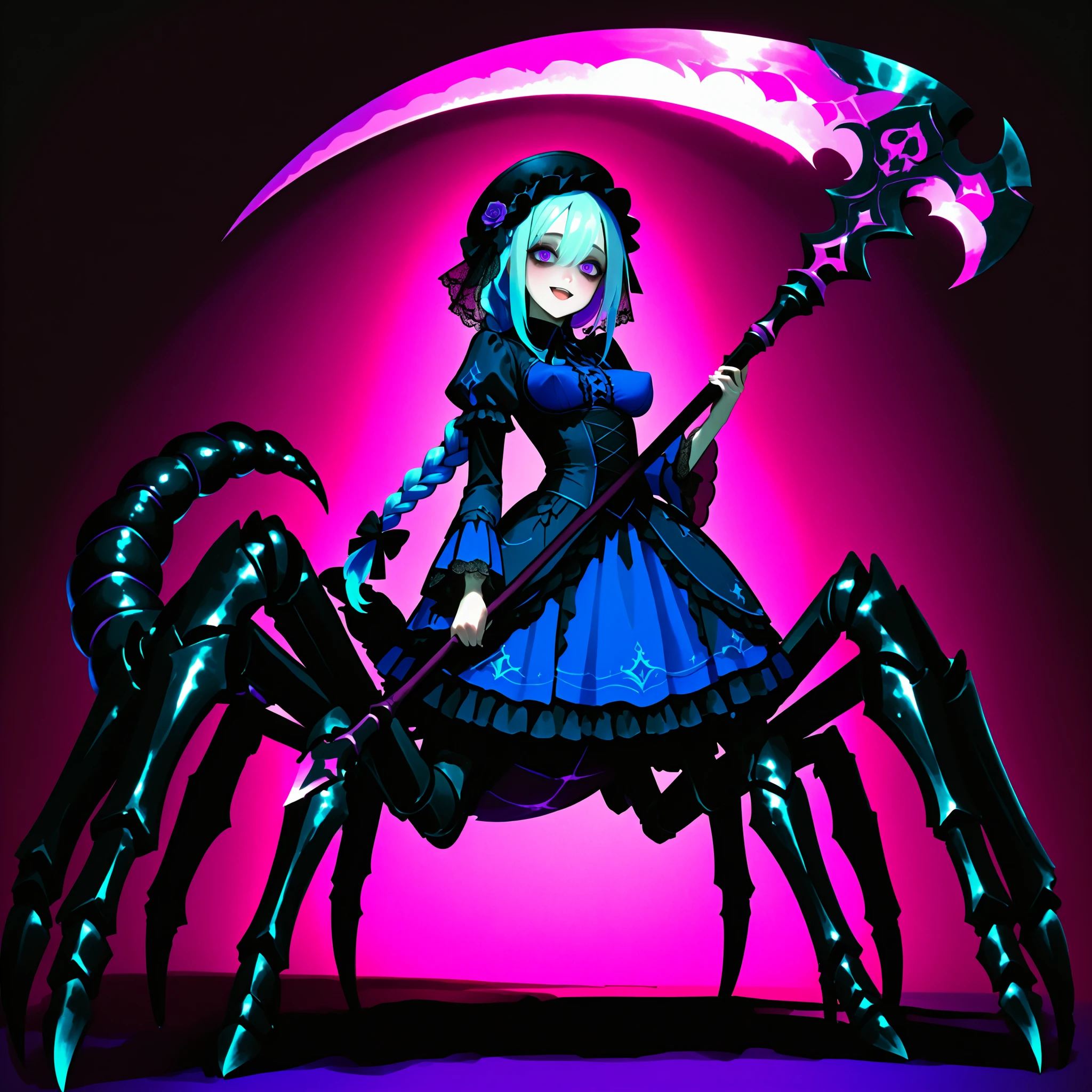 Serket. Scorpion type Arachne Girl. Lavender colored hair. Single braid. Gothic dress. Purple and blue dress. Ruffles. Lace veil. Small gothic hat. Yandere eyes. Scythe. Holding a weapon. Perky breasts. Scorpion legs. Scorpion claws. Scorpion tail. Black carapace. Multiple legs.