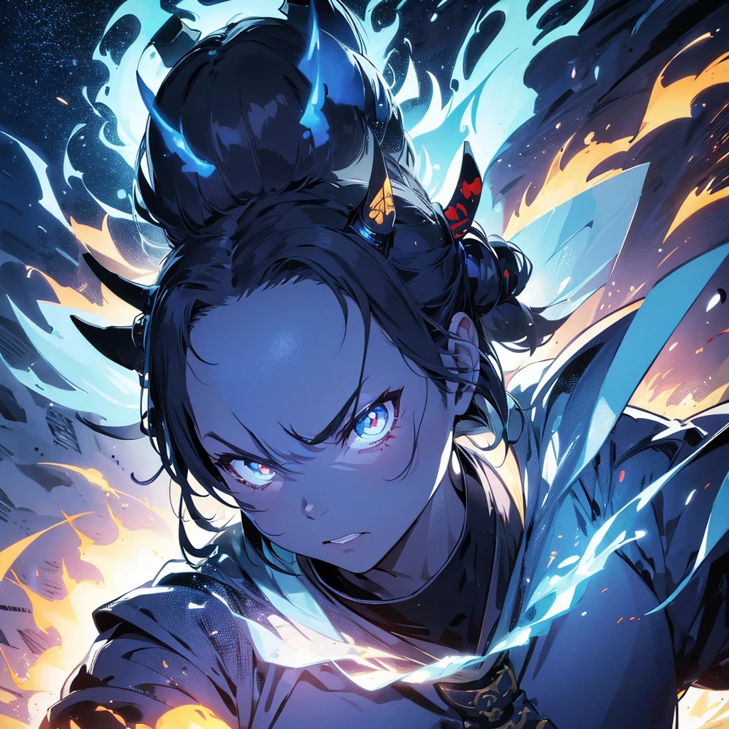 great quality, (1 woman), very focused face, diamond face, perfect eyes, (wearing mage robe), mage robe, strong shadows, detailed face, (casting spell), blue flashes of light, in battle, detailed abs, shinying eyes, (masterpiece), direct light, underlight, strong jaw, (large boobs), massive ass, thick thighs, (long torso), wide waist, skinny torso, fit, perfect face, sexy, (blushing),
