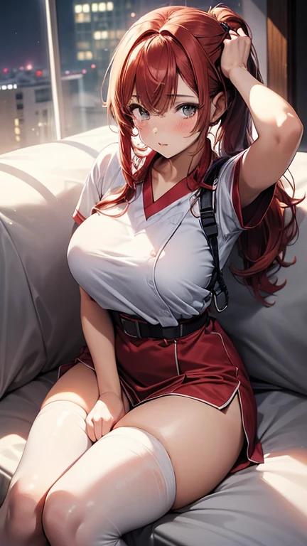 1girl, large breasts,clothes in mouth, cleavage, navel, t-shirt, ((bra)),clothes lift, shirt in mouth, skirt, lying, full Body,sexy body,sitting