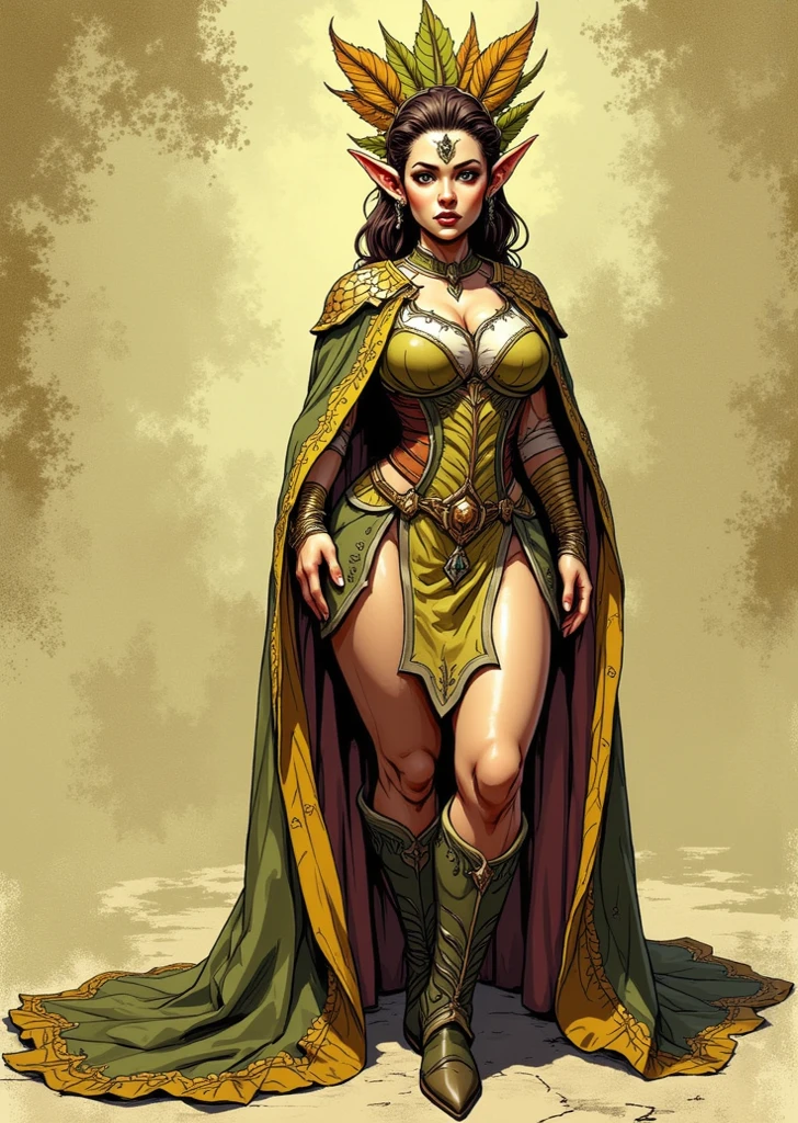 a portrait of a babe temptress , druid, leaf robe, perfect face, pretty face, brown eyes, auburn hair, Hi-top fade, very short hair, flat chest, lush detail, absurdres, clothes made of leaves, full body shot, tomboy