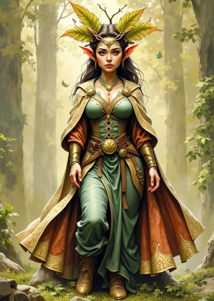 (Masterpiece: 1.2), (Best Quality: 1.2), Portrait, Solo, 1 Wood Elf, Priestess, Brown Skin, Tall Figure, Green Shades Intertwined Robe, Fortitude, Scars, Tattoos, Oath Pose
