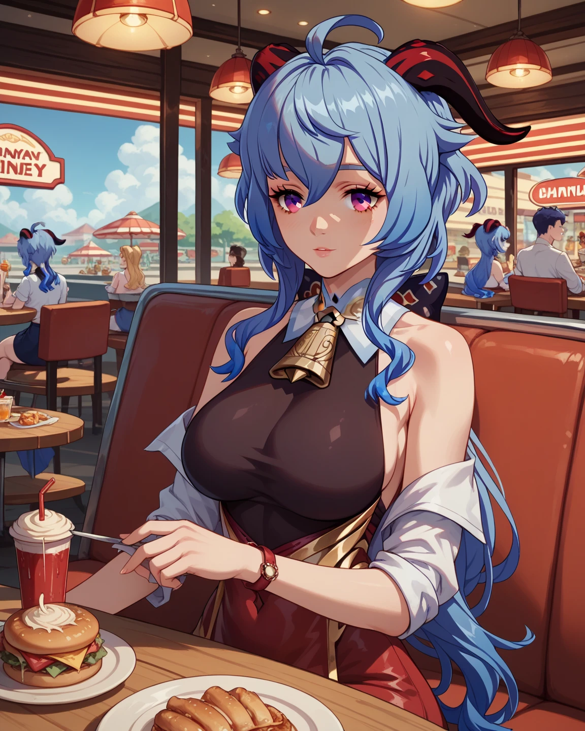 (restaurant, Waitress, standing, Tray in hand:1.2), (tight fit clothes:1.2), (Tight white vest:1.4), (Wear a white vest over a naked body:1.1), (Delicate orange-orange yoga miniskirt1.4), (Wear an orange yoga miniskirt over pantyhose),(Owl print on vest), (Hang the neckline:1.2), bare shoulders, Plump thighs,huge tit,