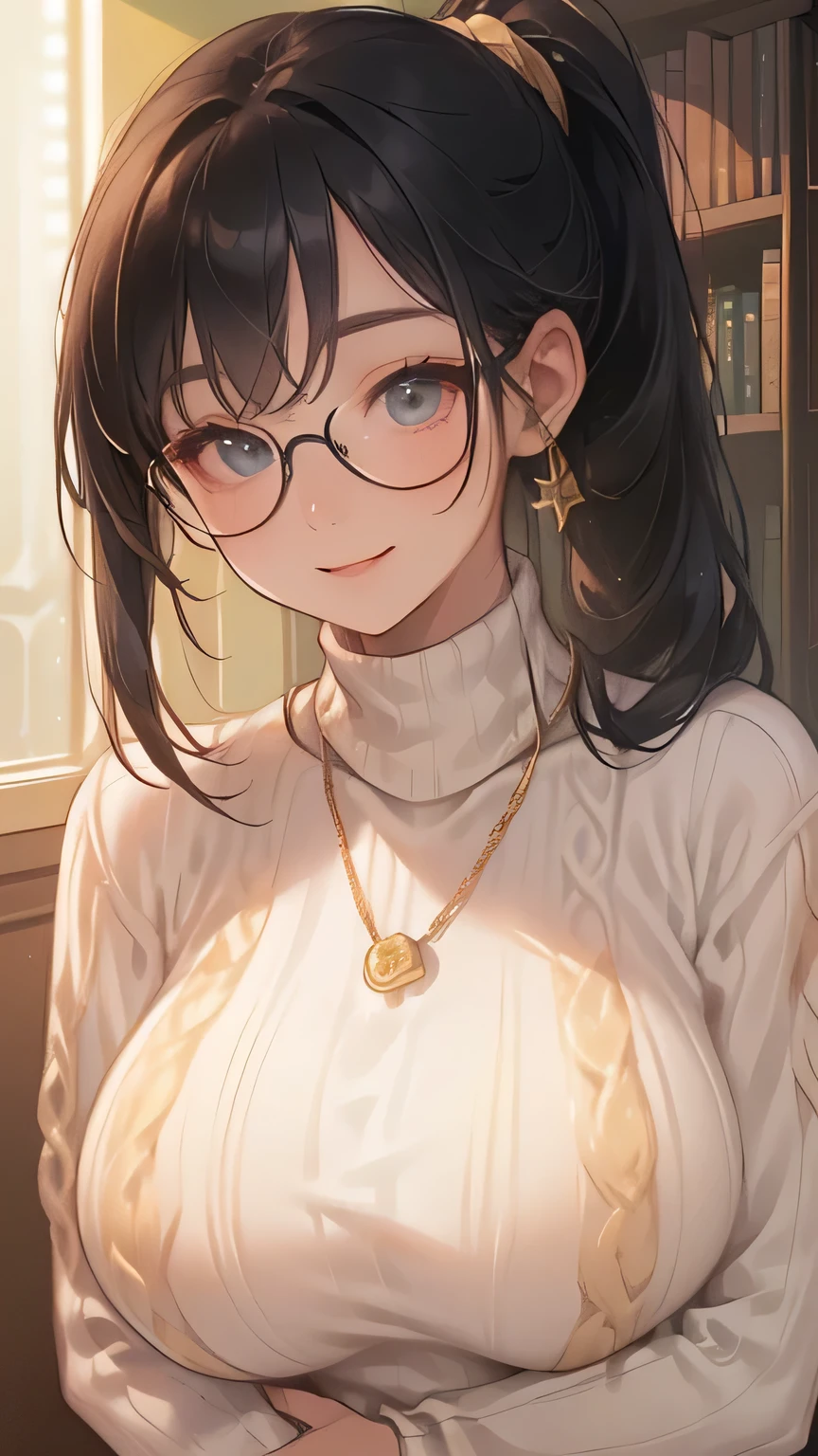 ((Big Breasts:1.6))、((( long ponytail upped:1.9、 Black Hair、Glasses、 gold necklace)))、((turtleneck white sweater:1.4))、((A cheerful expression:1.4))、 PORTRAIT、 Closeup 、 Libraries 、Wall of books 、masterpiece、Best Quality、 elaborate details 、 real、