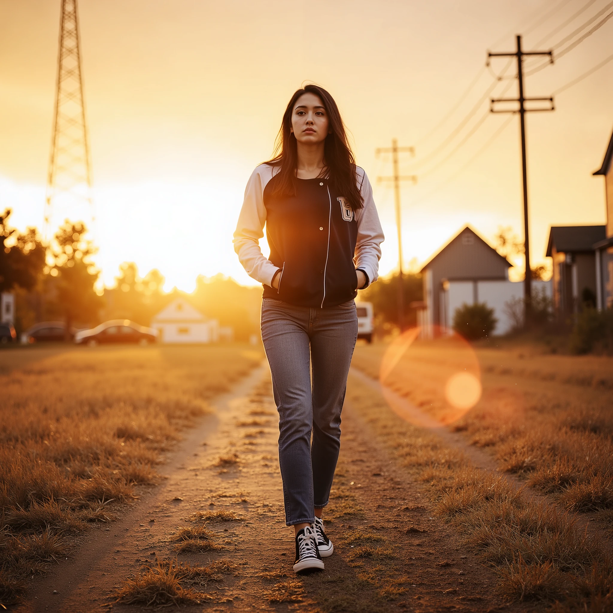 Realistic cinematic portrait of a young woman with long dark hair and fair skin, walking across a dry, open field at sunset, wearing classic black Converse sneakers. She wears a casual outfit: a dark baseball-style raglan shirt with white sleeves and simple blue jeans. Shot from a slightly low angle to emphasize her presence against the vast sky. A subtle but strong lens flare crosses the scene, blending naturally with the golden tones of the sunset. Fine dust particles float gently in the warm air, catching the sunlight and adding an ethereal, dreamlike depth. Her expression is calm and introspective, her posture relaxed, moving steadily forward. The background features scattered suburban houses, tall trees, and a long perspective of towering electricity pylons fading into the horizon. Dramatic natural lighting with deep shadows, vivid sunset highlights, and a warm, slightly desaturated cinematic color palette. Wide-angle composition, natural skin textures, authentic clothing textures, rich atmospheric detail, highly emotional and storytelling-driven scene.