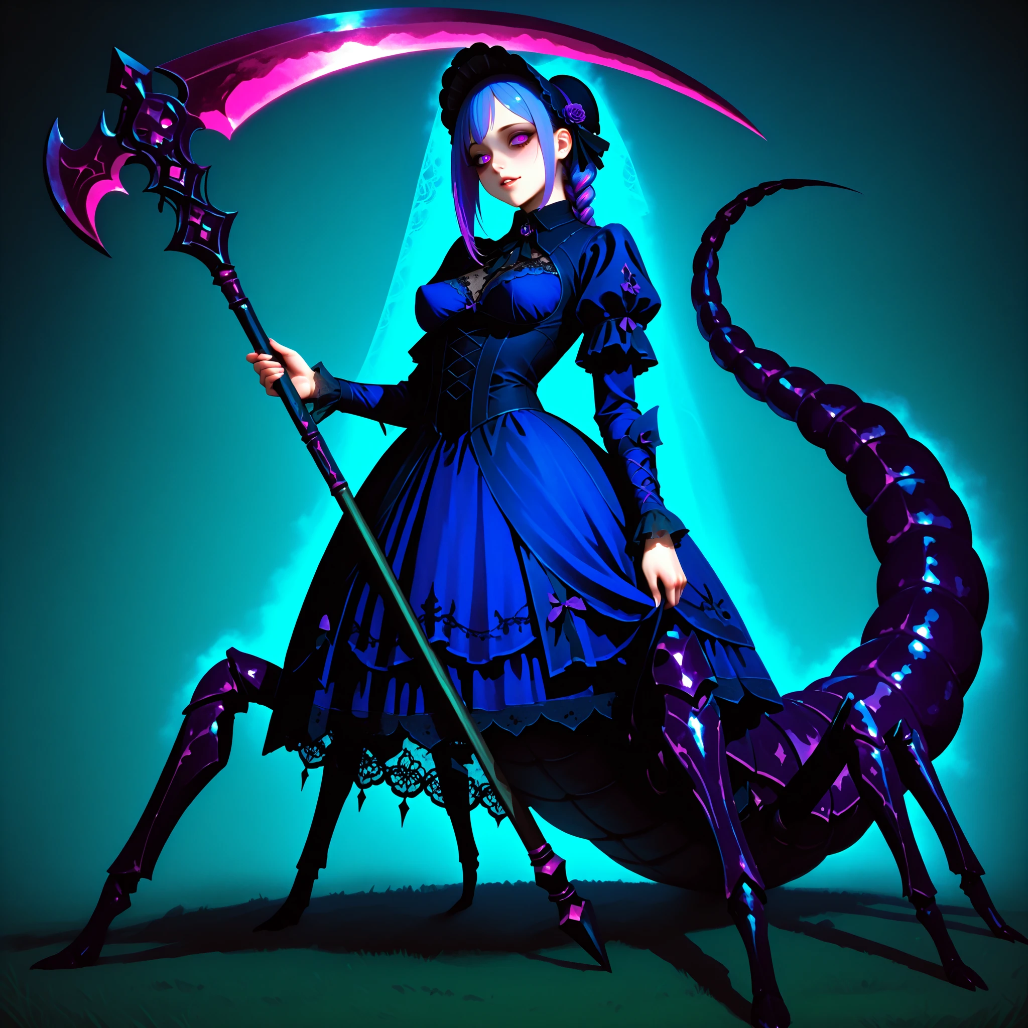 Serket. Scorpion type Arachne Girl. Lavender colored hair. Single braid. Gothic dress. Purple and blue dress. Ruffles. Lace veil. Small gothic hat. Yandere eyes. Scythe. Holding a weapon. Perky breasts. Scorpion legs. Scorpion claws. Scorpion tail. Black carapace. Multiple legs.