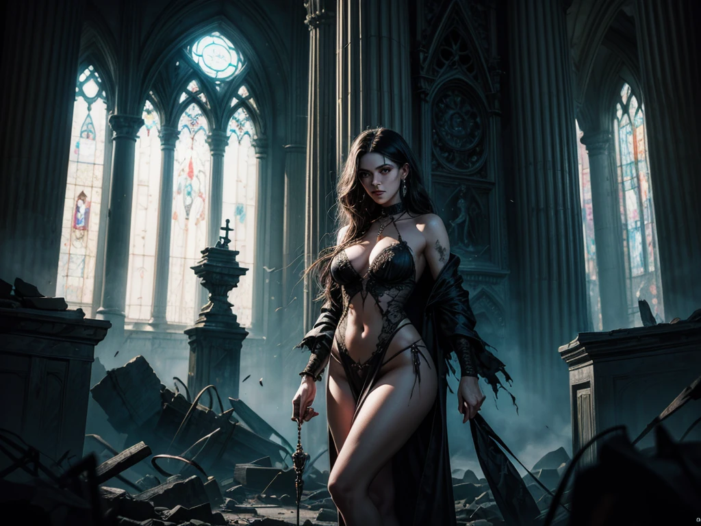 oil painting,style of Peter Mohrbacher and Bruce Pennington,ultra-realistic dark and moody cemetery mausoleum with lit candles and a realistic full-length human woman looking to the side, wearing long flowing black lace, misty. fantasy