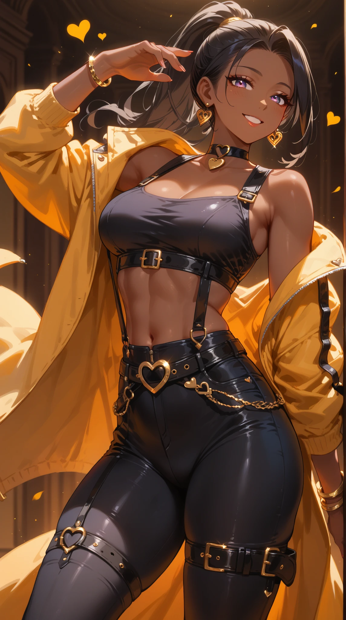 female, age 25-30, Japanese, dark hair, low ponytail, muscle, Whole body, lasts: gold domino mask, gold choker, white coat, lasts blanco sin mangas con lados azul marino, inverted yellow triangle symbol, Belly Crop, yellow briefs, thighs out, white thigh high socks, yellow boots, yellow fingerless gloves, white tank top sleeves, metallic accents, moon background