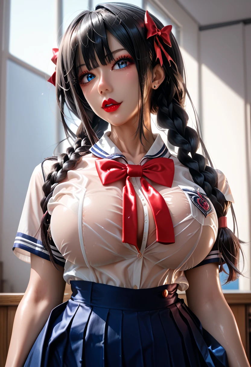 (in the dark:1.6) , Soak in hot tub, school girl Soak in an dark bathroom hot tub , red knot , red bow , white Shirt , big breasts , big tits