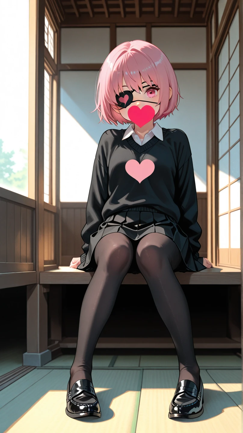 pink hair black glasses pink eyes extremely blushing a big pink sweater short black skirt black stockings white tennis shoes that is a reserved girl that is pouting