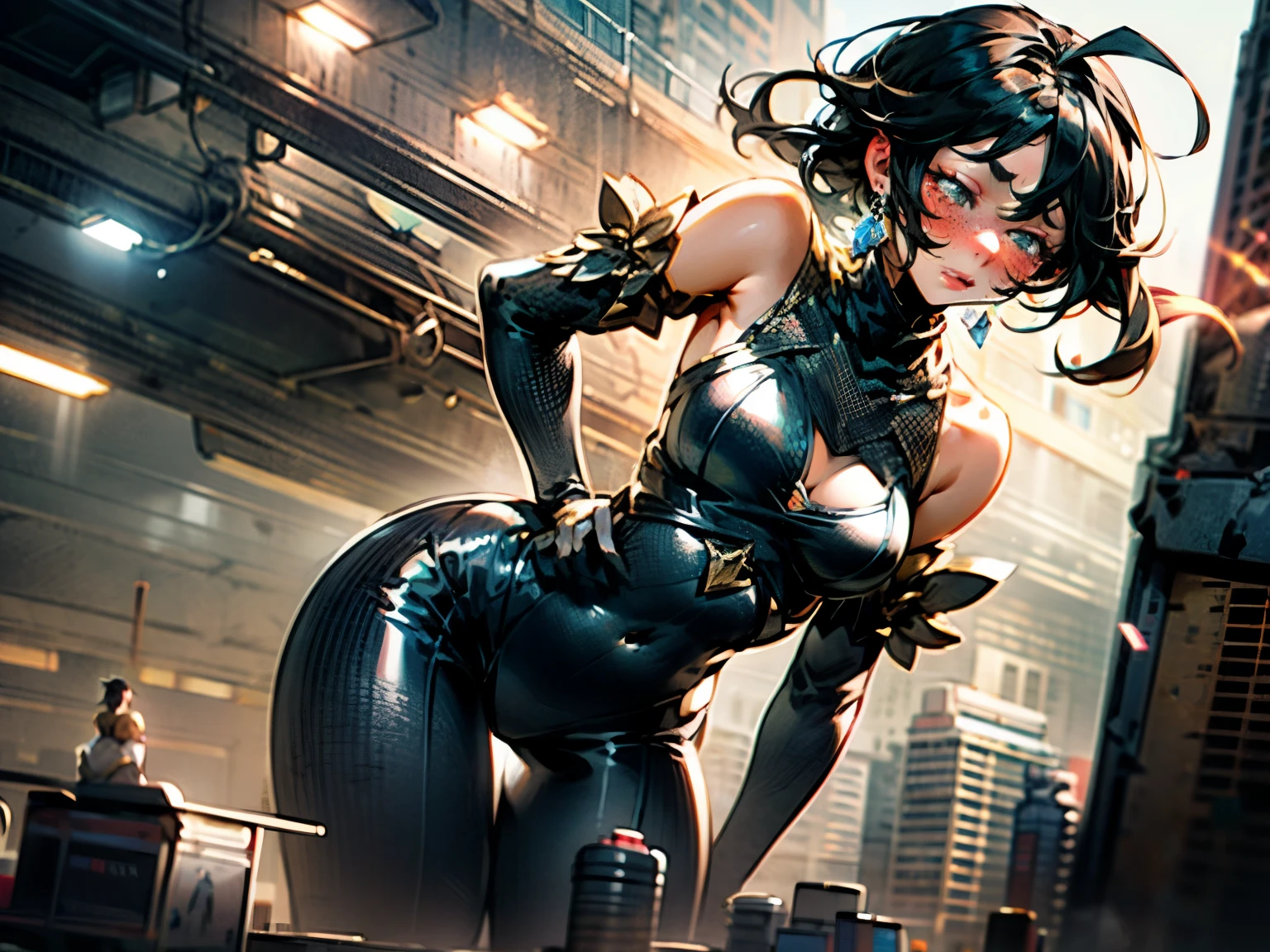 8k, cyberpunk girl, on a scycraper, nighttime, (cool superhero pose), detailed pupils, white bodysuit, skull belt, masterpiece, best quality, detailed, comics style, (looking at viewer:1.25), 25 years old, blue skin, red hair, yellow eyes,
