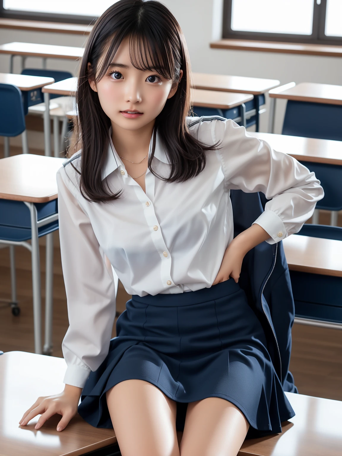 Tabletop, Highest quality, Japanese girl, 8K, RAW Photos, Highest quality, Tabletop, Hmph:1.2, Highly detailed RAW color photos, Professional Photos, (Realistic, Realistic:1.37), (Highly detailed skins:1.2), Ultra-high resolution, (Lenツ 50mm), (Tabletop, Highest quality:1.3), (Ultra detailed 8K cg:1.2), (超Realisticな:1.35), (Realistic:1.45), (Realistic:1.4), Cowboy Shot,
A beautiful Japanese woman, 22 years old, Supermodel, Japanese Idols, __Performance__, Large Breasts, (sitting on desk:1.1), (school uniform:1.4), (Spread your legs:1.2),
(The background is the changing room:1.1)、Korean Idol、Nogizaka idol、Gravure idol pose、adult、、Len、
