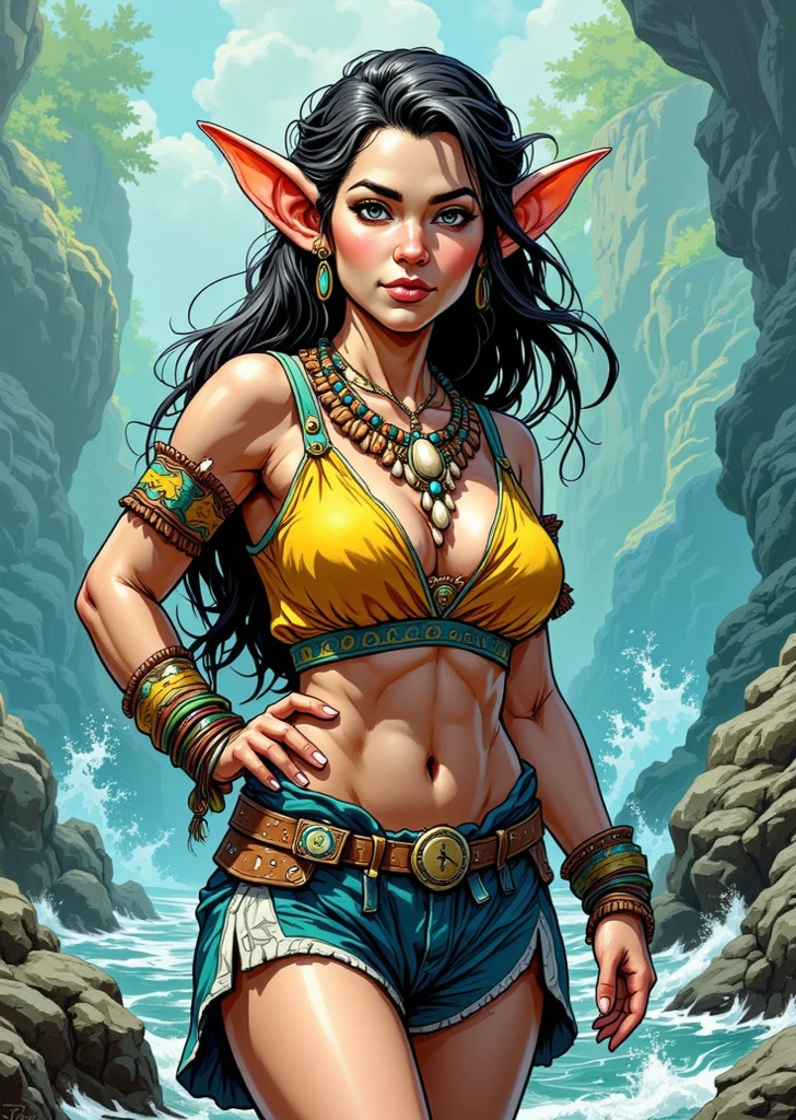 a ((native american elf)). She wears a brown leather bikini, fur boots, fur bracers. (((native American))), 1woman , curvy, slim waist. ((black hair)), long hair, coco skin, Dark skin, brown eyes. (detailed eyes, detailed face), smile, red lips. Square jaw, high cheekbones, strong jaw line. Show her wrestling with a wolf. pov from above