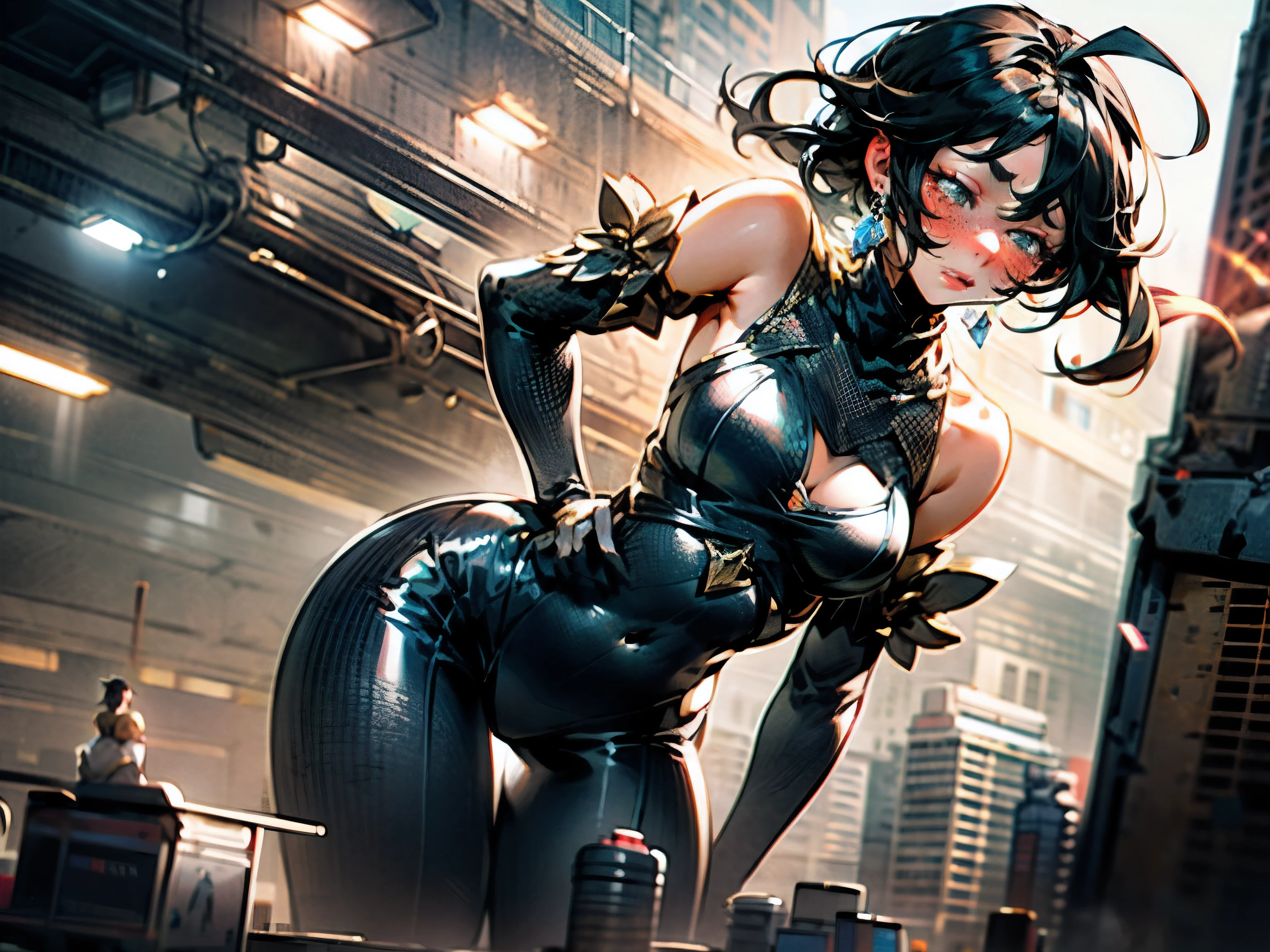 (Photorealistic:1.8, highest quality:1.8,8K masterpiece:1.8,High resolution,Mastepiece:1.8,RAW Photos,Cinematic lighting),No split screen、cyber punk、Back alley of the city、Photo from below、 (1 android girl:1.3)、Completely naked、choker、A helmet inspired by carnivorous plants、Haile Gratex Suit、Knee-high boots、Pop design decoration、Double-handed sword、Image color is emerald green、Long tactile sensations、 Beautiful ass、Beautiful thighs、Nipples visible through clothing、Plump nipples、cameltoe、correct２Benzu、Body painting with a pop design drawn all over the body、Glowing red eyes、Fine Lines