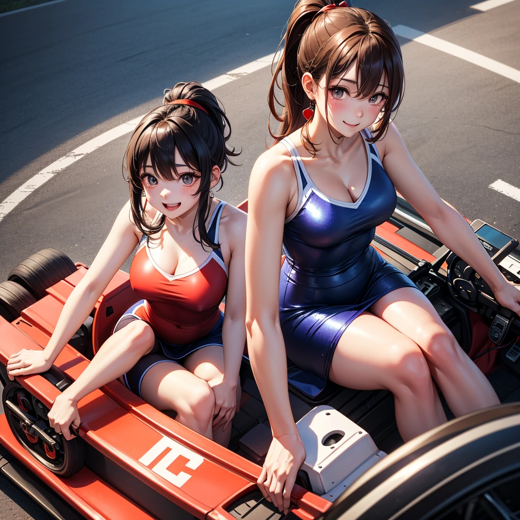 Short hair, 30-year-old Japanese woman、Big Breasts、Super High Leg Competitive Swimsuit Black、Black Stockings、 3d、Raising both arms