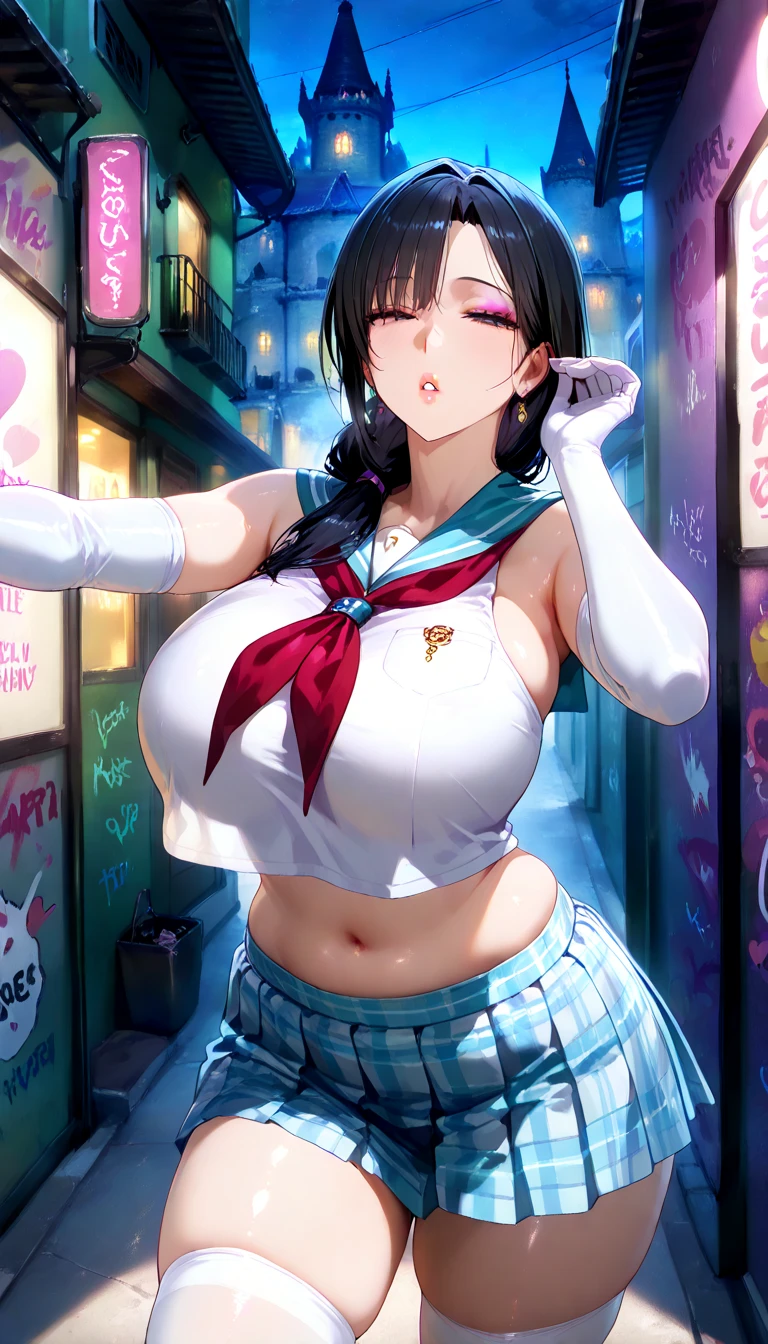 1woman having sex,hyperrealistic,mature woman,standing,(blushed),flying heart-shapes,shaking effect,black hair,open mouth,saliva,shouting bubbles,tied hair,curvy body,huge buttocks,cheerleading costume,at vulgar nightclub,blunt bang,string-only thong