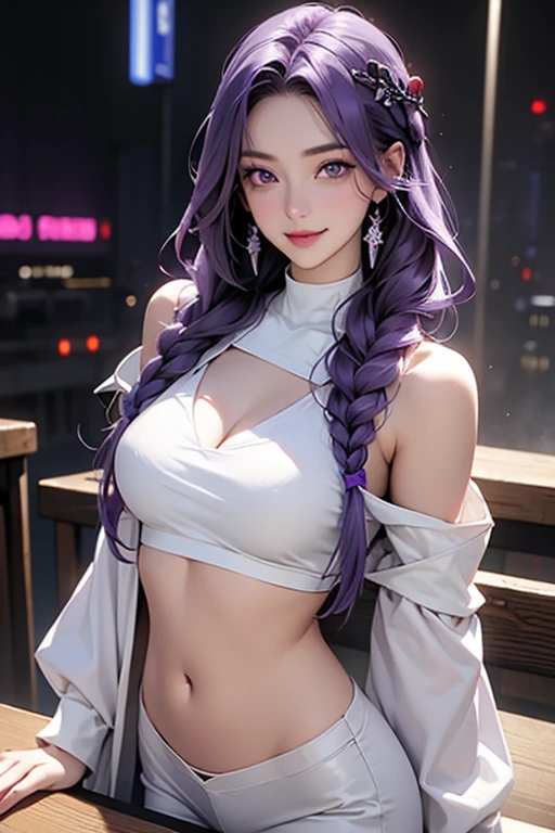 Inji、One incredibly beautiful girl、(Her hair is a purple and white gradient with flowing twin braids that are as long as her height.:1.9)、Captivating large purple eyes、Big breasts、Slope_hair、Indifference、kind、smile、Black and white skimpy cyberpunk outfit、belly button、Long gloves in white
